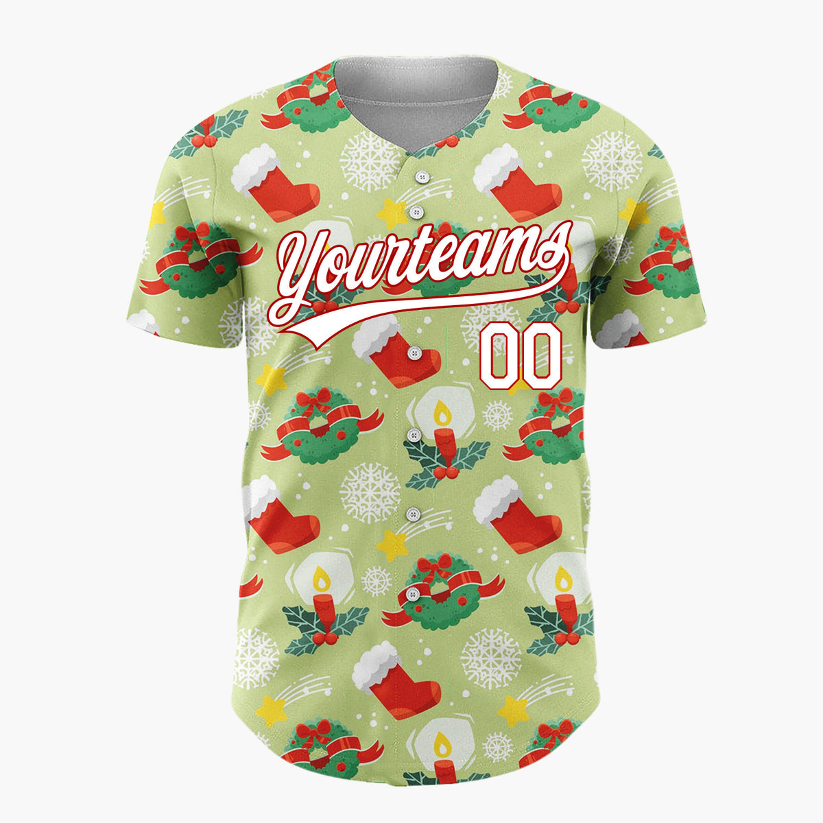 Custom Light Green Red Wreaths Candles And Stockings Classic Christmas Baseball Jersey