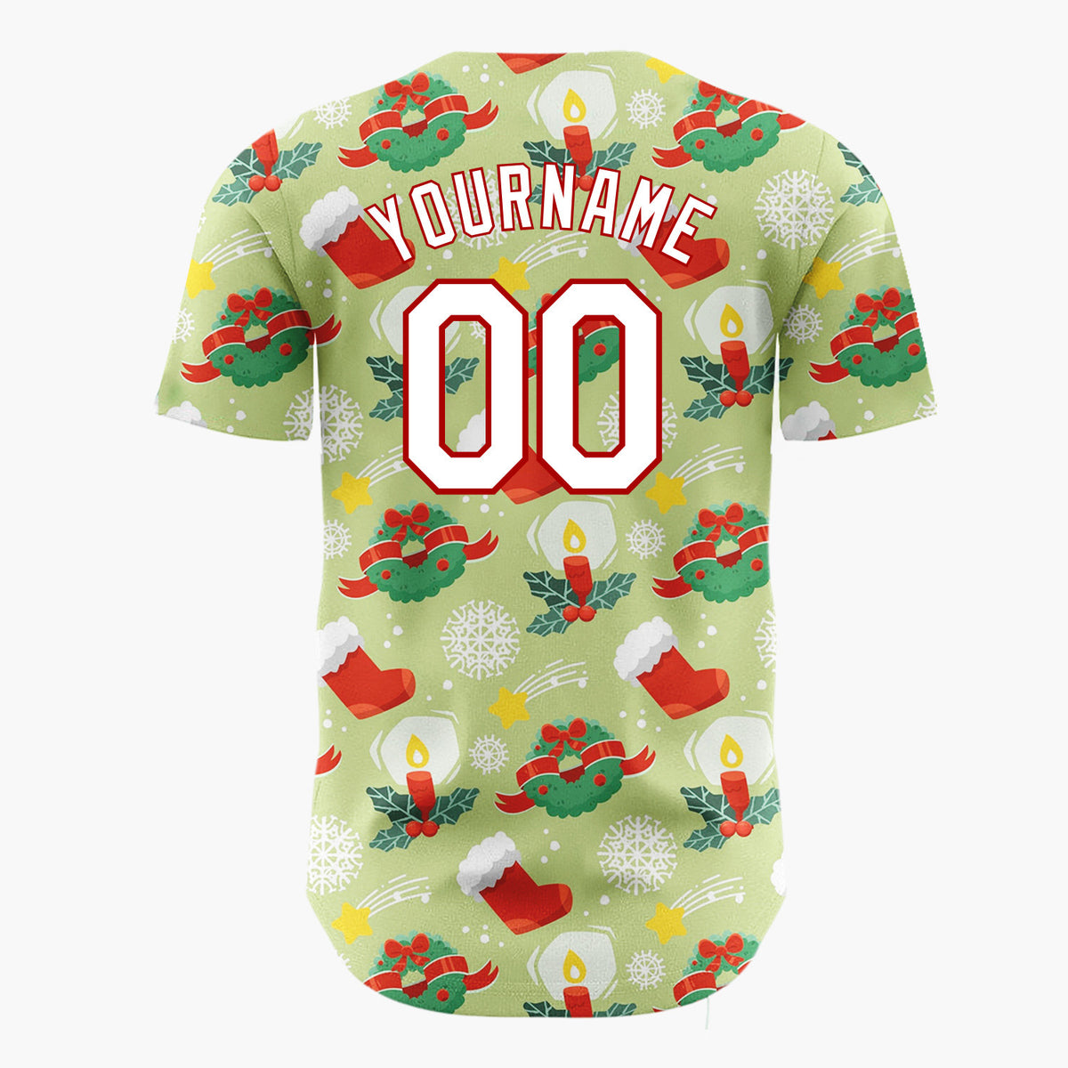 Custom Light Green Red Wreaths Candles And Stockings Classic Christmas Baseball Jersey