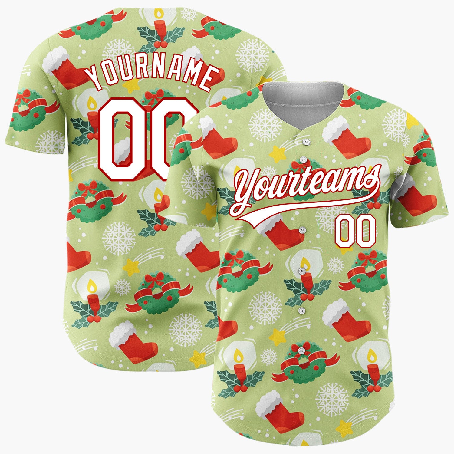 Custom Light Green Red Wreaths Candles And Stockings Classic Christmas Baseball Jersey