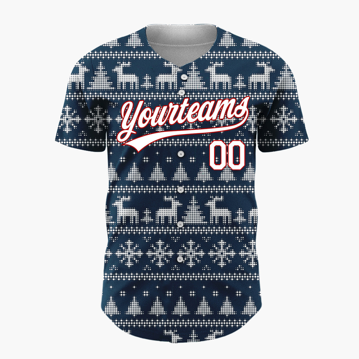 Custom Navy Blue Dotted Deer Snowflake Fair Isle Pattern Christmas Baseball Jersey