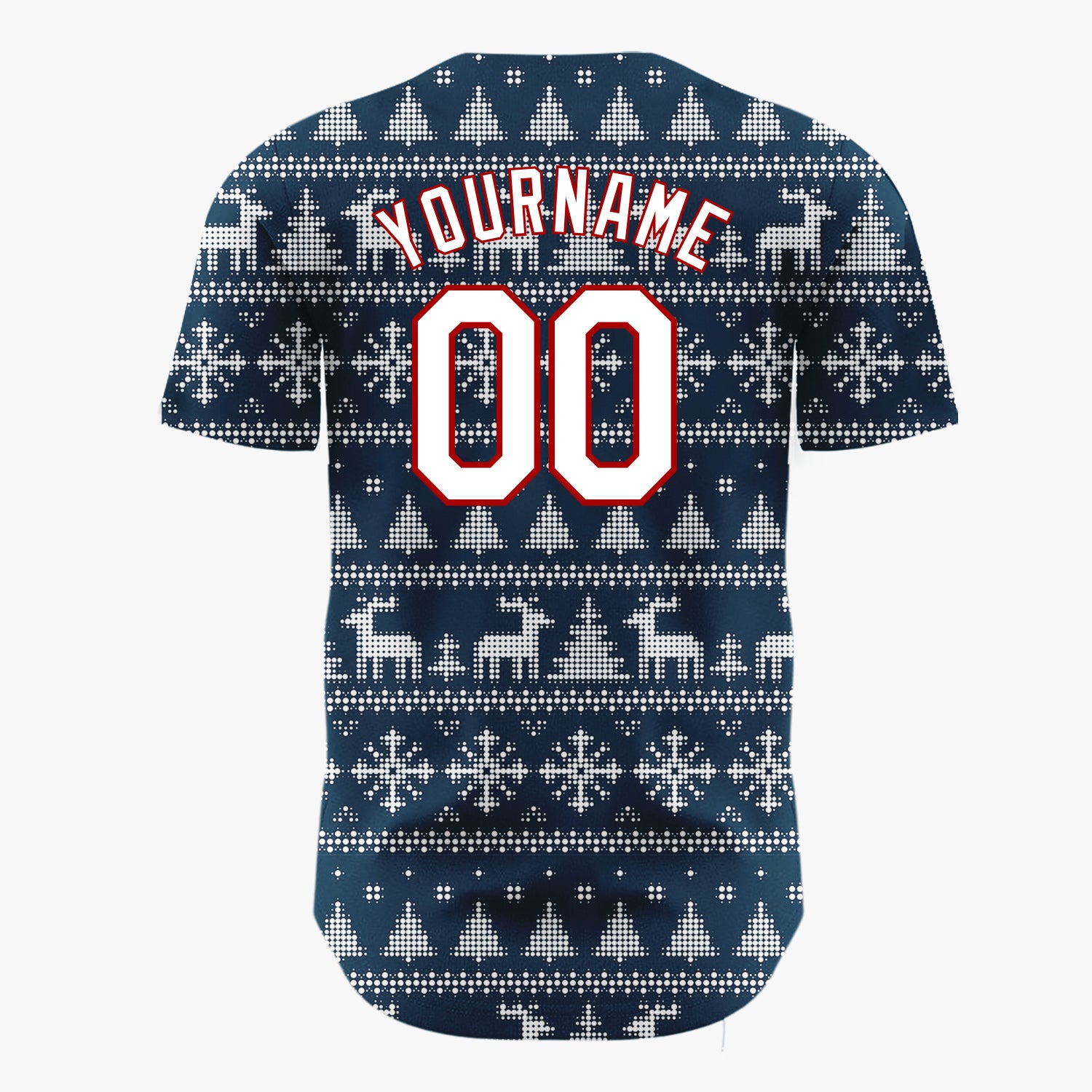 Custom Navy Blue Dotted Deer Snowflake Fair Isle Pattern Christmas Baseball Jersey