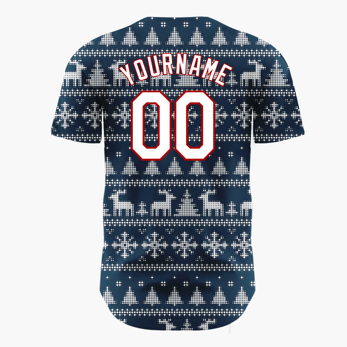 Custom Navy Blue Dotted Deer Snowflake Fair Isle Pattern Christmas Baseball Jersey