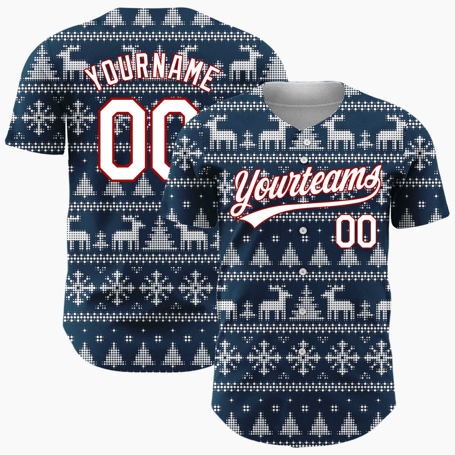 Custom Navy Blue Dotted Deer Snowflake Fair Isle Pattern Christmas Baseball Jersey