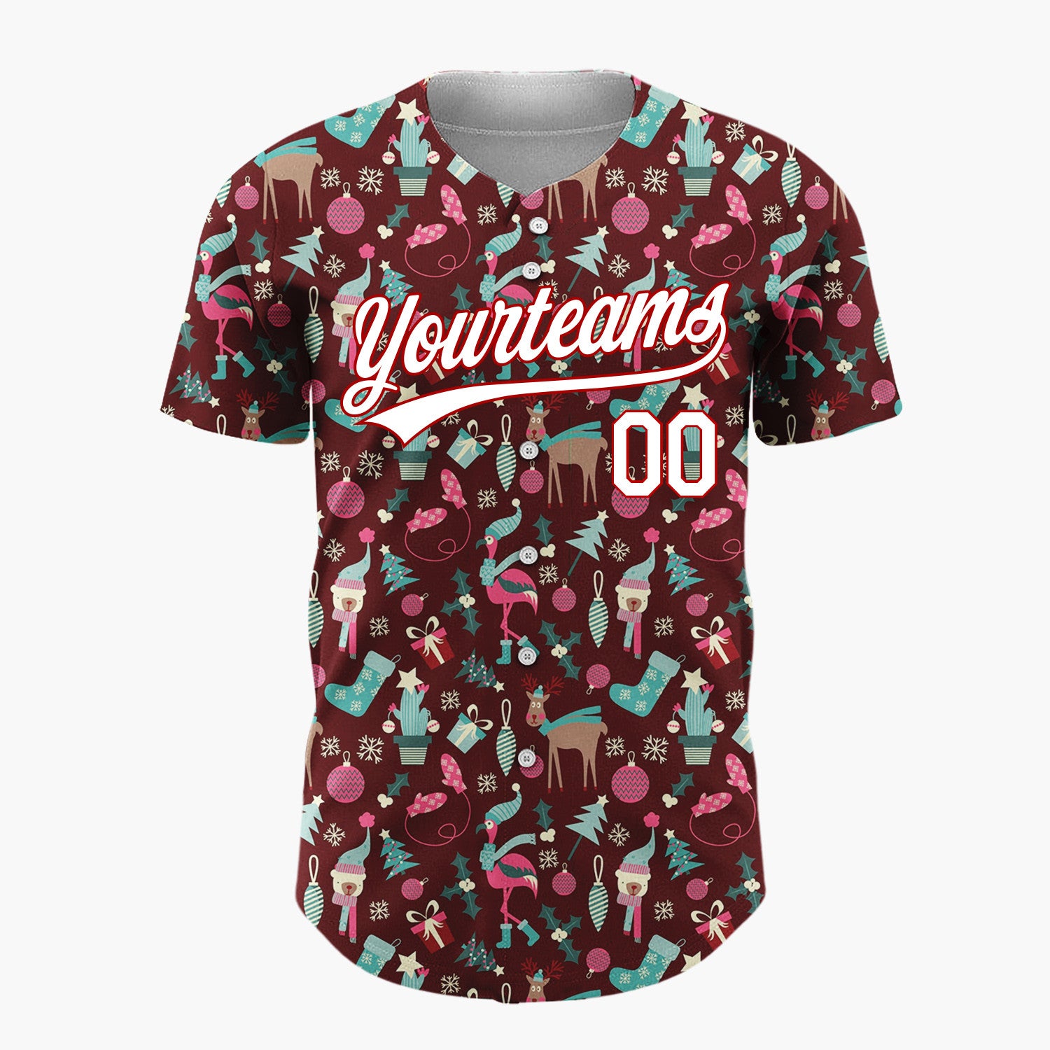 Custom Maroon Teal Flamingos And Reindeer Quirky Christmas Baseball Jersey