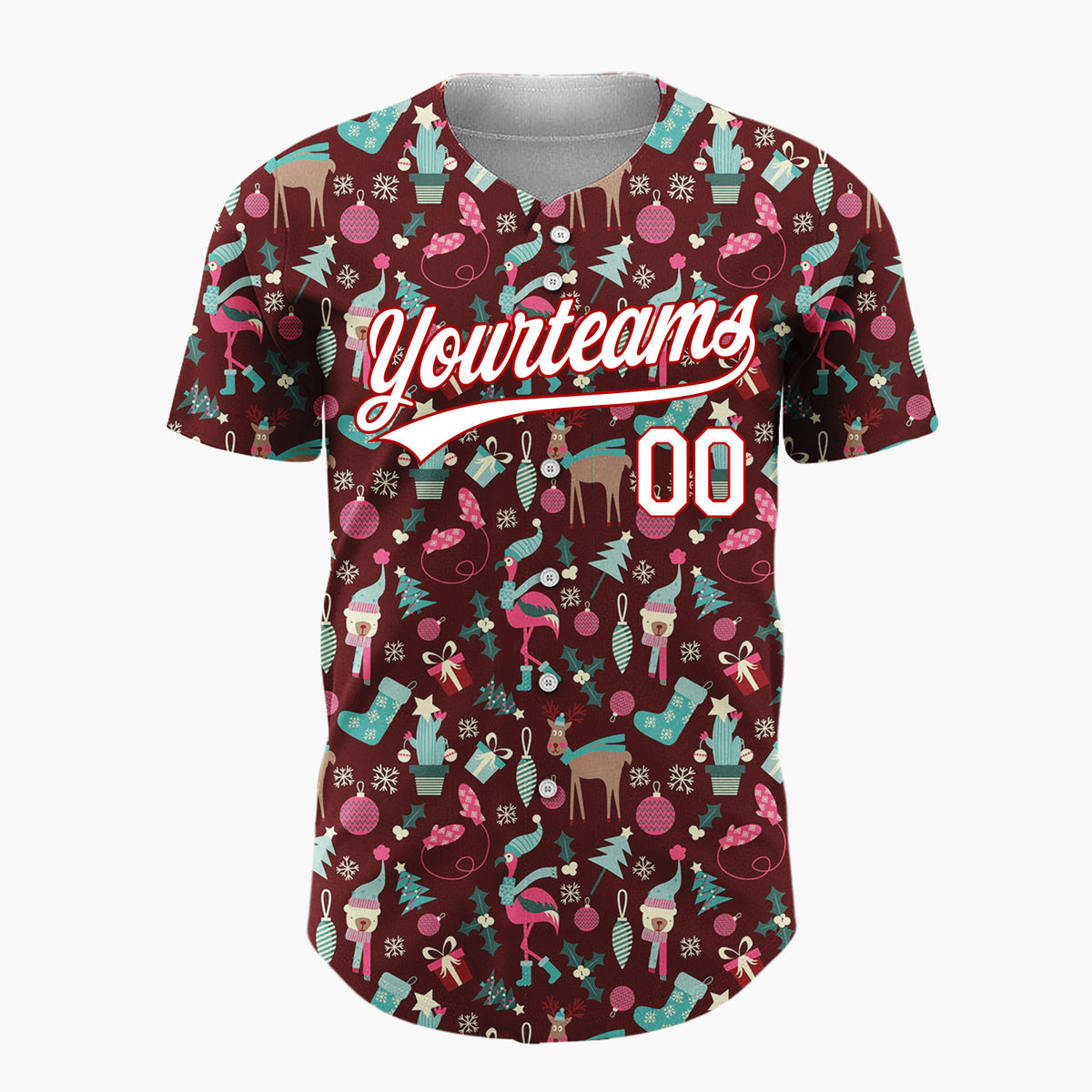Custom Maroon Teal Flamingos And Reindeer Quirky Christmas Baseball Jersey
