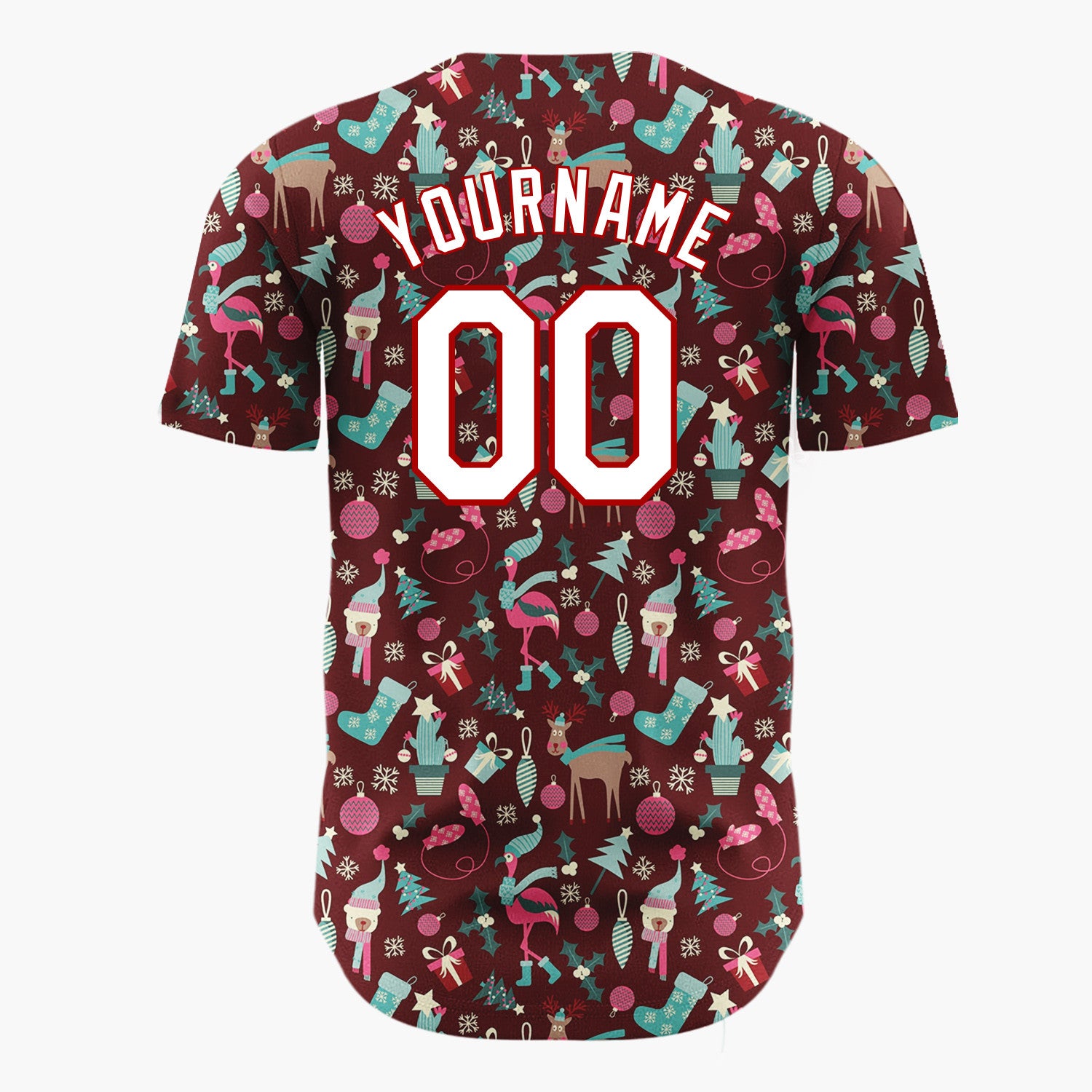Custom Maroon Teal Flamingos And Reindeer Quirky Christmas Baseball Jersey