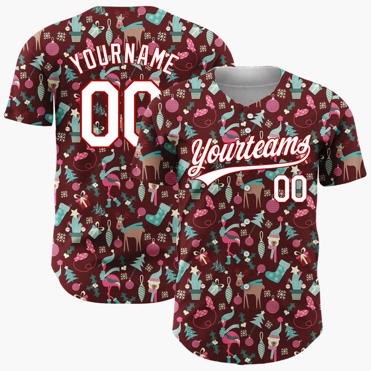 Custom Maroon Teal Flamingos And Reindeer Quirky Christmas Baseball Jersey