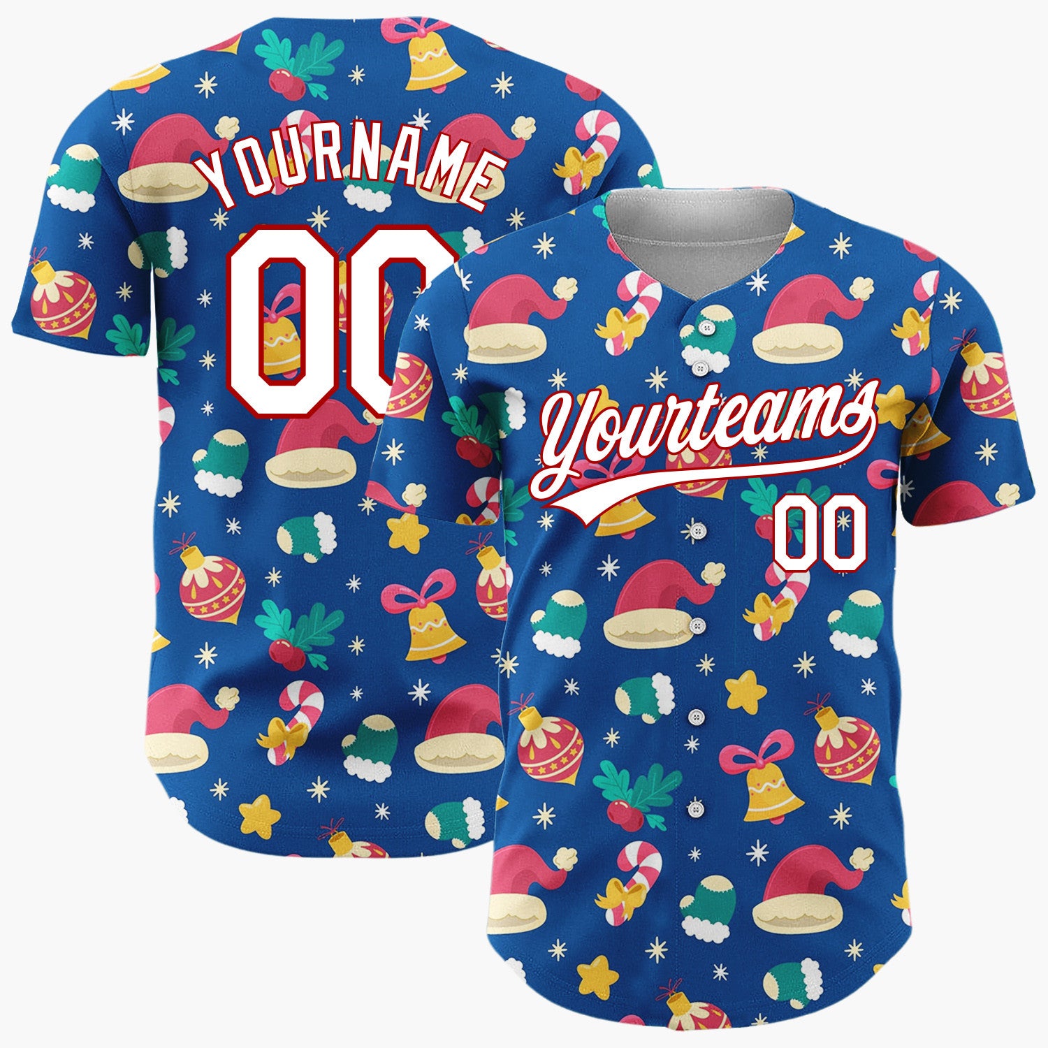 Custom Navy Blue Festive Christmas Icons Holiday Pattern Christmas Baseball Jersey