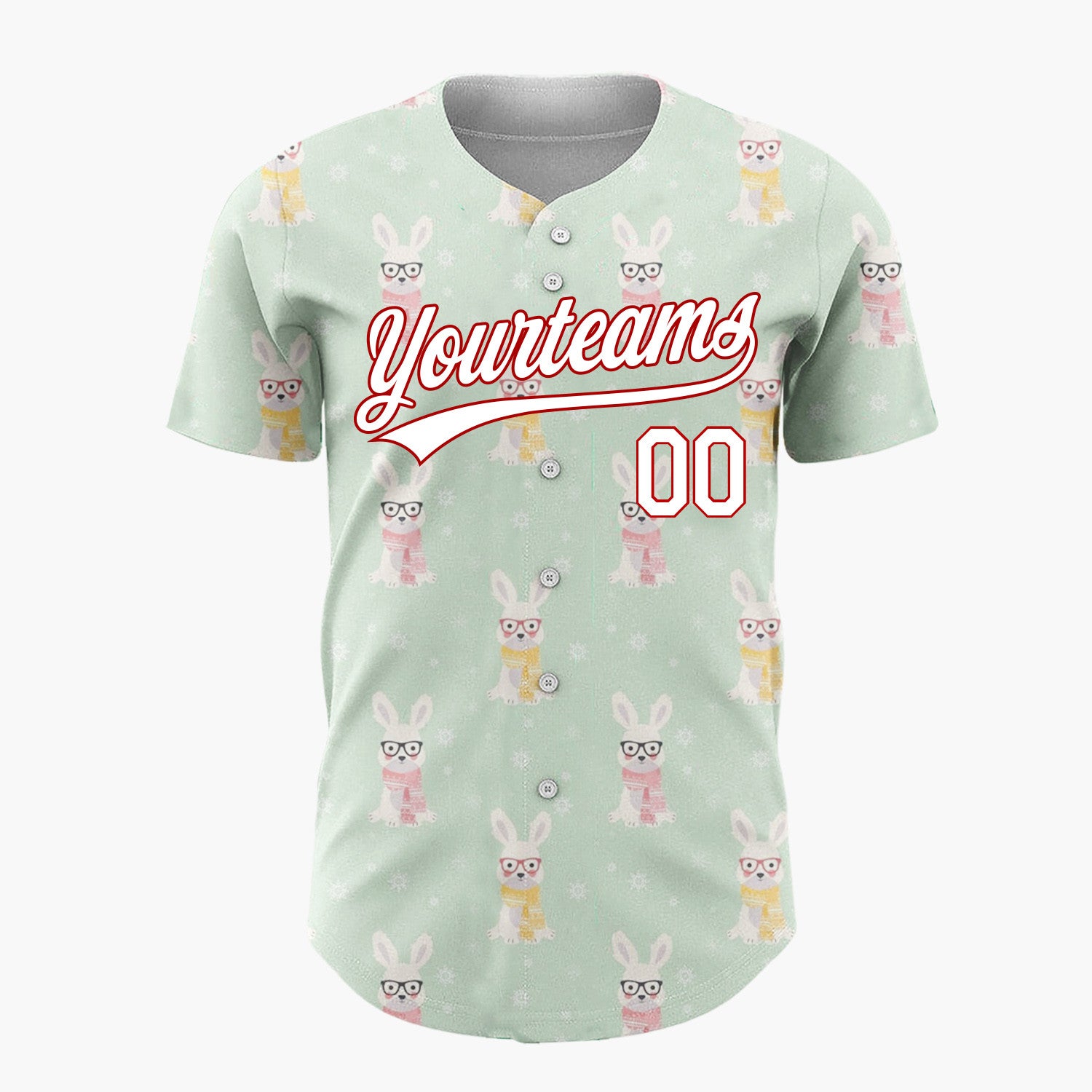 Custom Mint White Pink Rabbits With Glasses And Scarves Adorable Winter Pattern Christmas Baseball Jersey