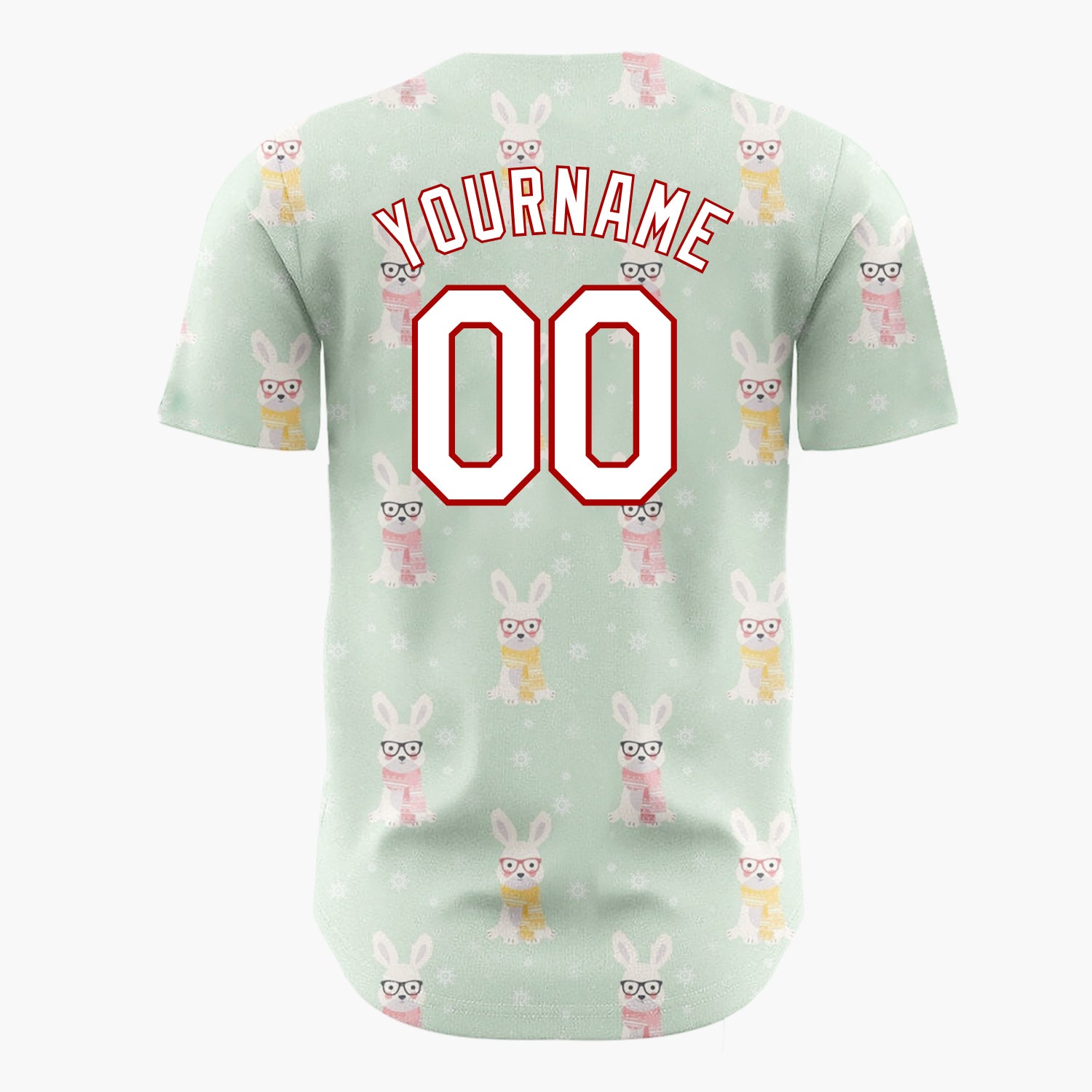 Custom Mint White Pink Rabbits With Glasses And Scarves Adorable Winter Pattern Christmas Baseball Jersey