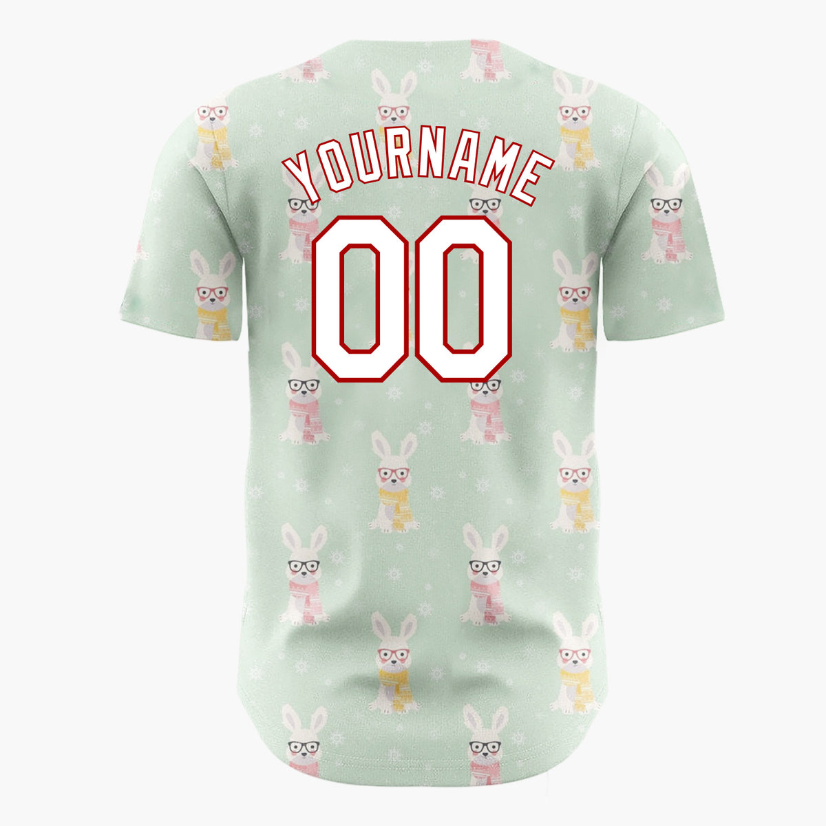 Custom Mint White Pink Rabbits With Glasses And Scarves Adorable Winter Pattern Christmas Baseball Jersey
