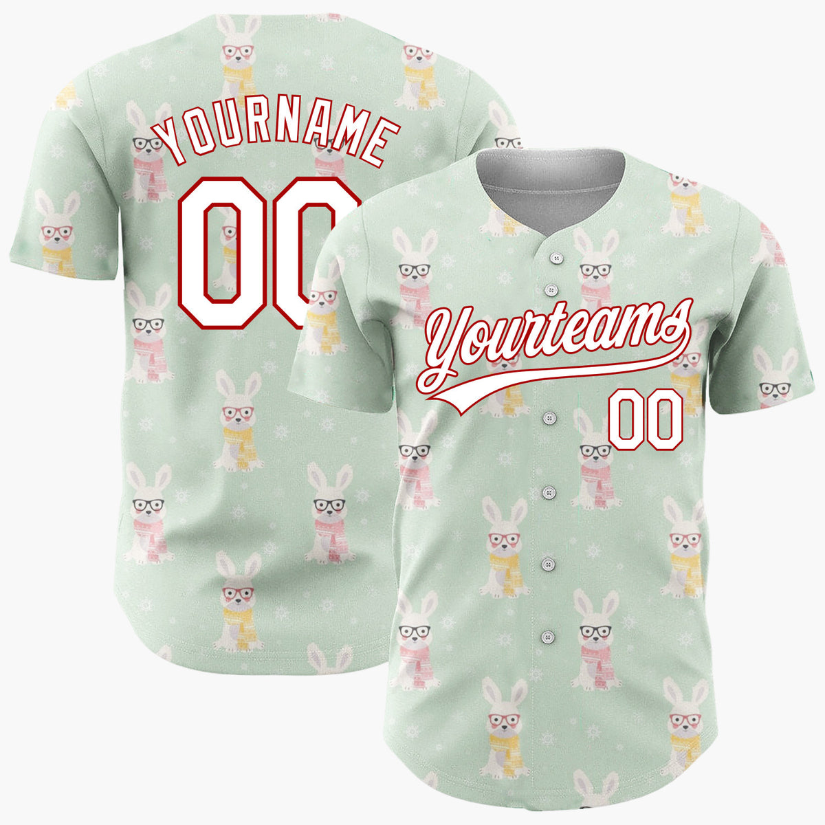 Custom Mint White Pink Rabbits With Glasses And Scarves Adorable Winter Pattern Christmas Baseball Jersey