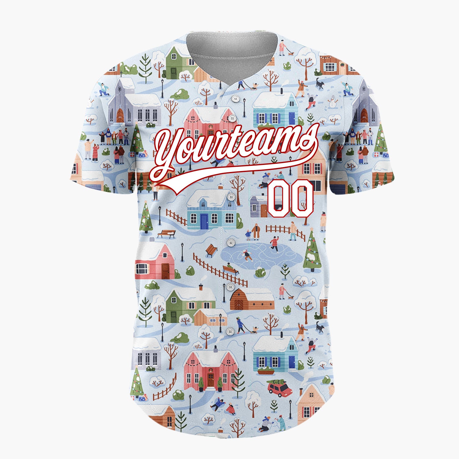Custom Light Blue Winter Village Scenery Detailed Christmas Baseball Jersey