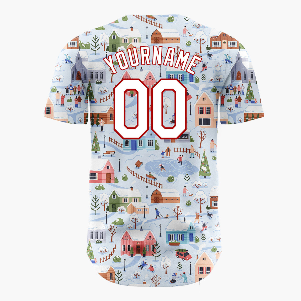 Custom Light Blue Winter Village Scenery Detailed Christmas Baseball Jersey