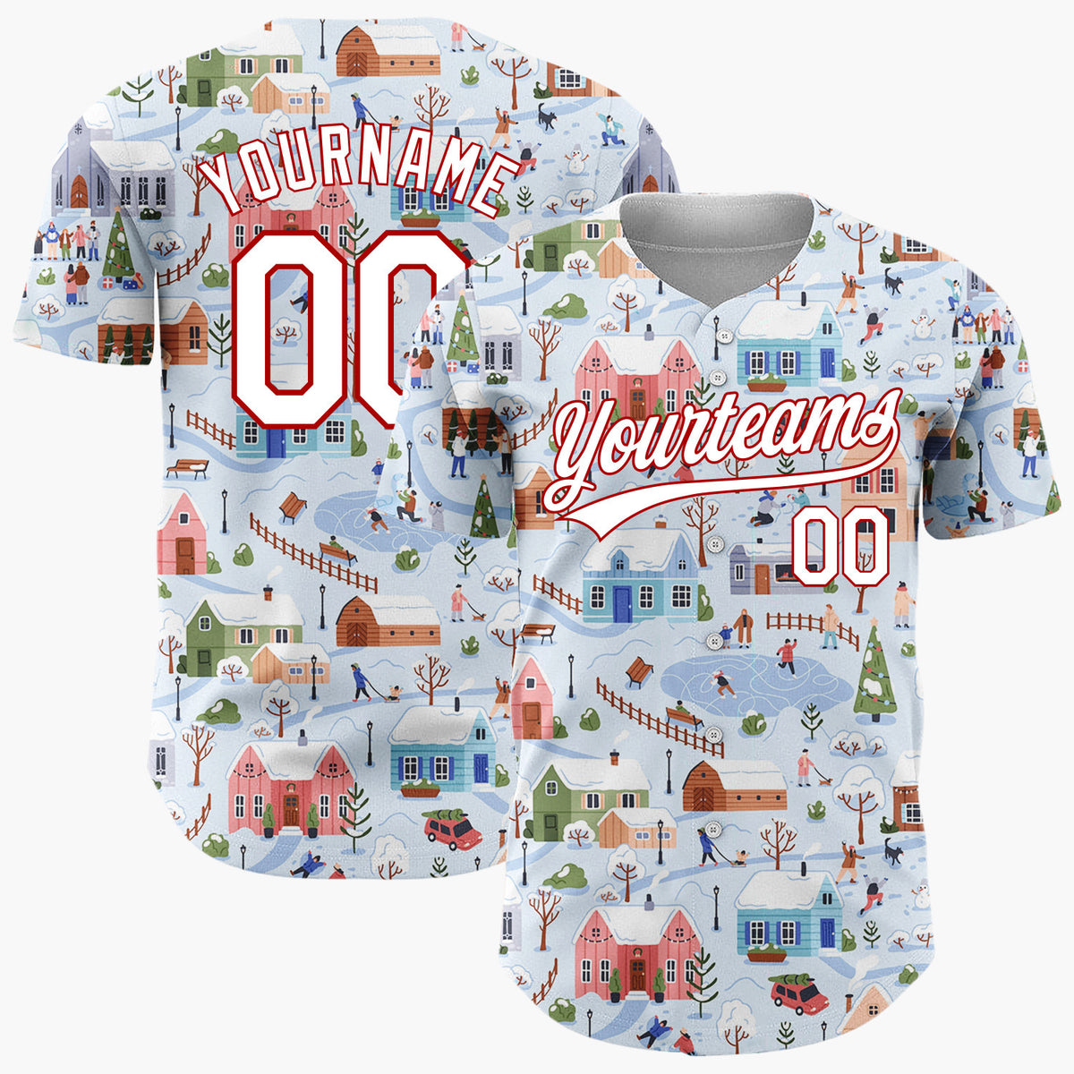 Custom Light Blue Winter Village Scenery Detailed Christmas Baseball Jersey