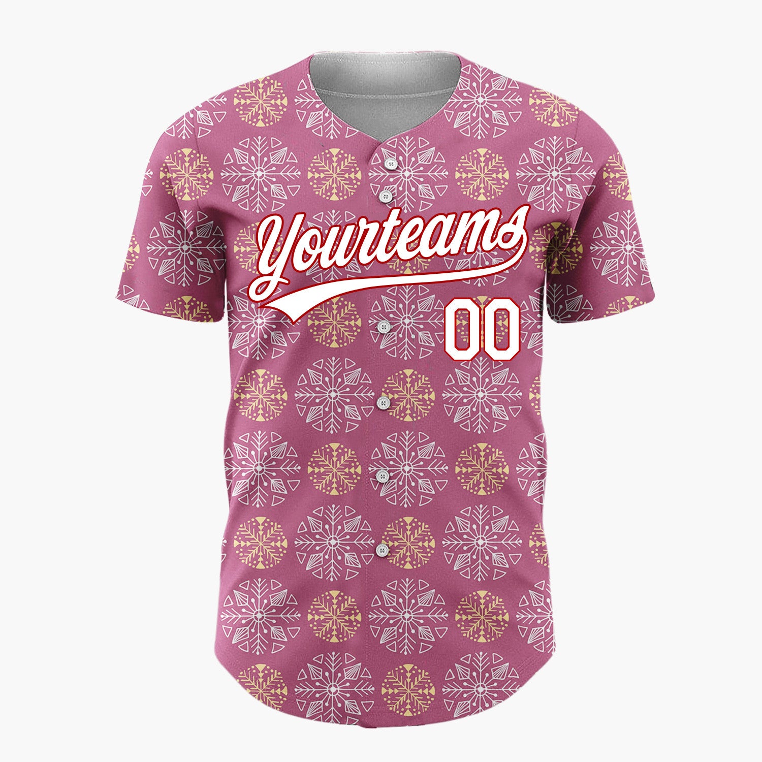 Custom Mauve White And Gold Snowflake Geometric Pattern Christmas Baseball Jersey