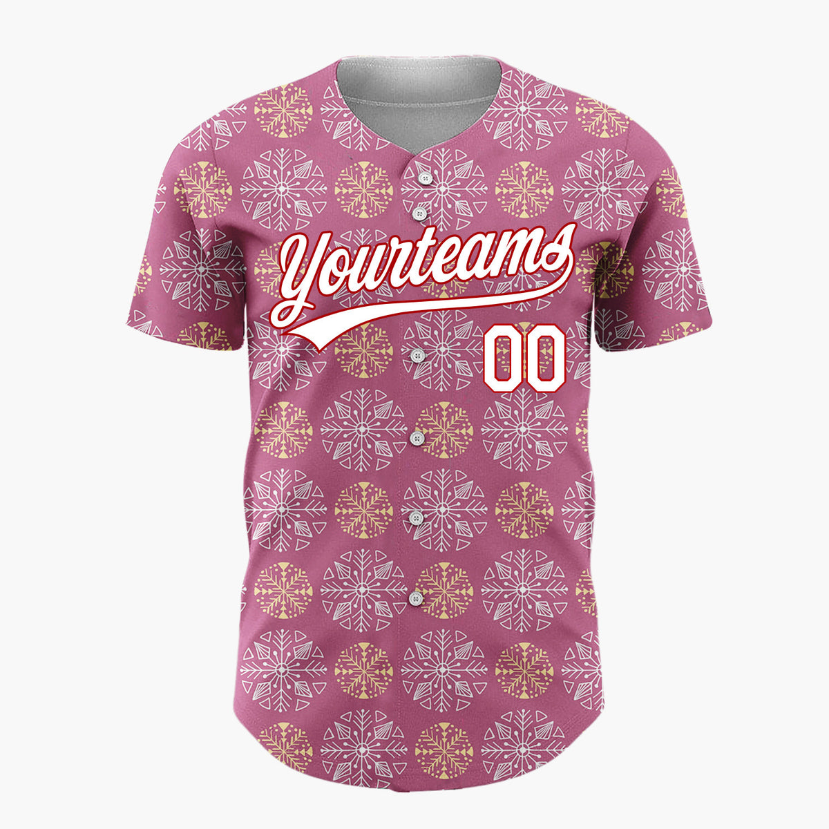 Custom Mauve White And Gold Snowflake Geometric Pattern Christmas Baseball Jersey