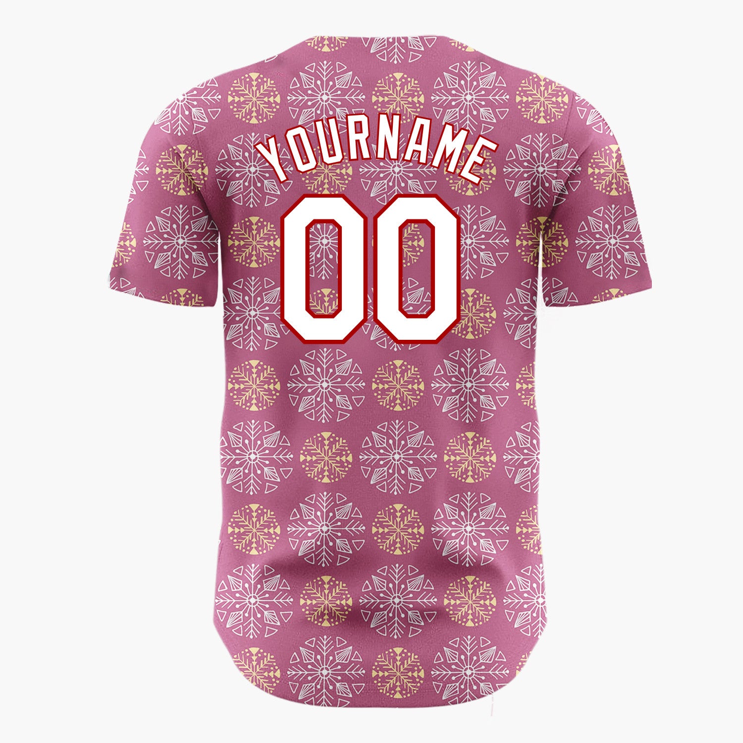 Custom Mauve White And Gold Snowflake Geometric Pattern Christmas Baseball Jersey