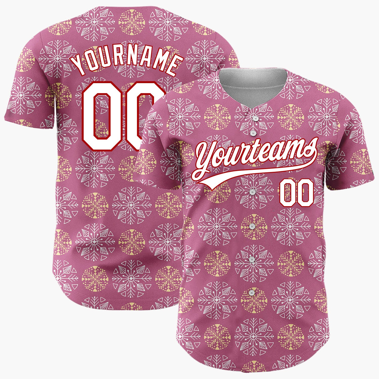 Custom Mauve White And Gold Snowflake Geometric Pattern Christmas Baseball Jersey