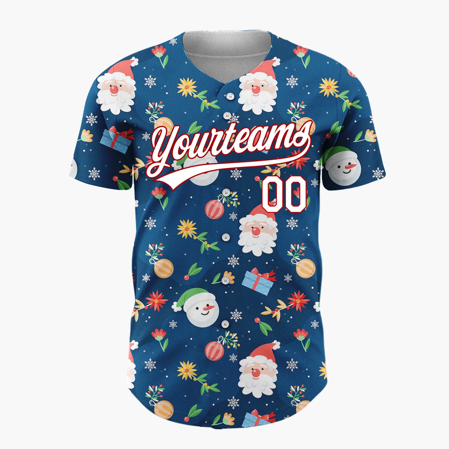 Custom Navy Blue Santa Snowman And Gifts Cheerful Christmas Baseball Jersey