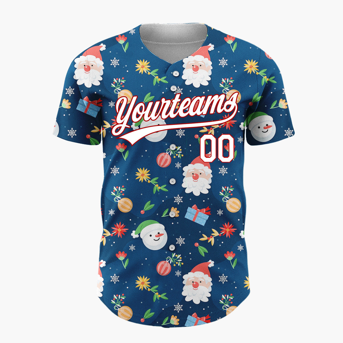 Custom Navy Blue Santa Snowman And Gifts Cheerful Christmas Baseball Jersey