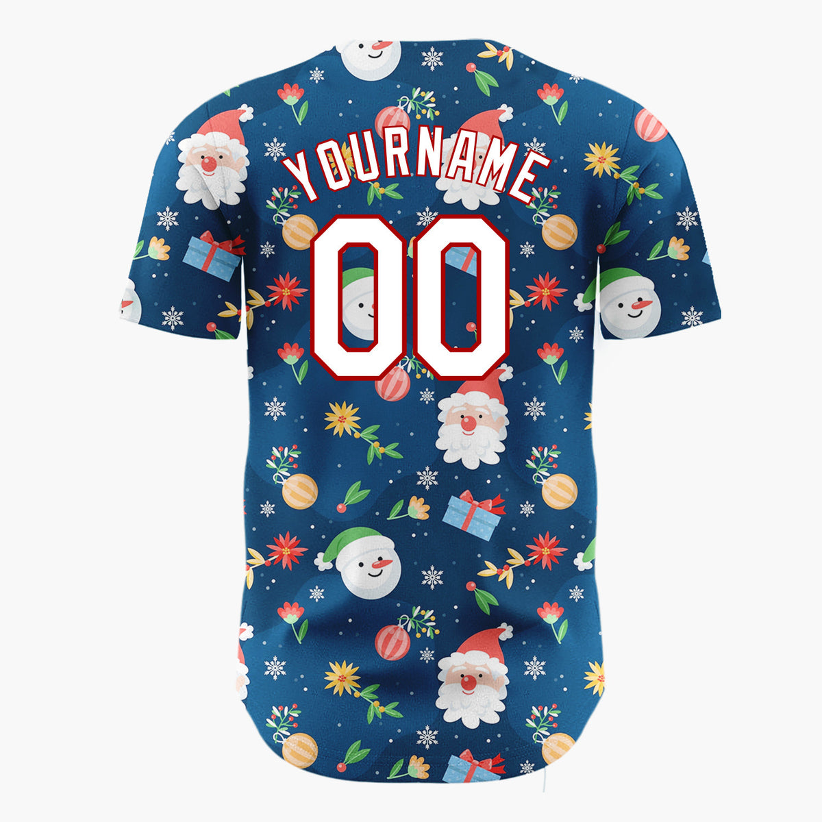 Custom Navy Blue Santa Snowman And Gifts Cheerful Christmas Baseball Jersey