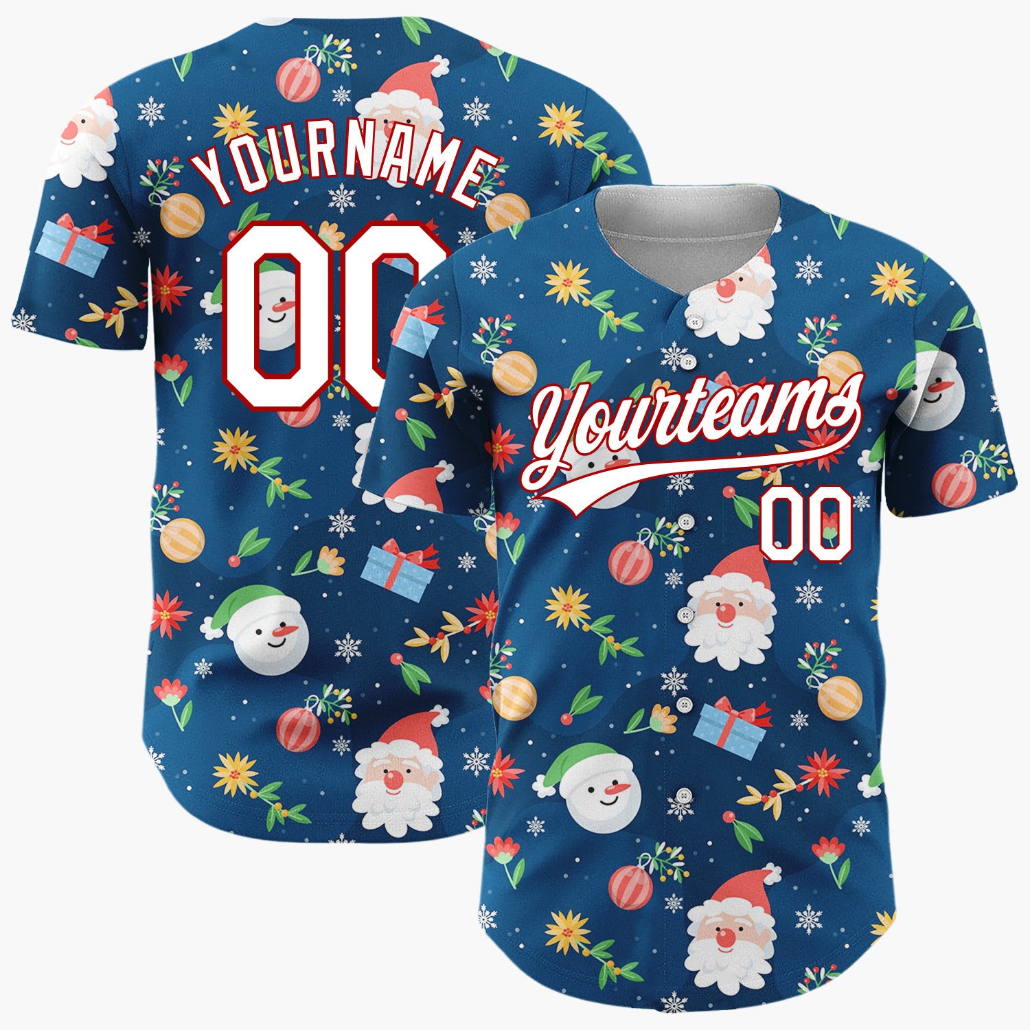 Custom Navy Blue Santa Snowman And Gifts Cheerful Christmas Baseball Jersey