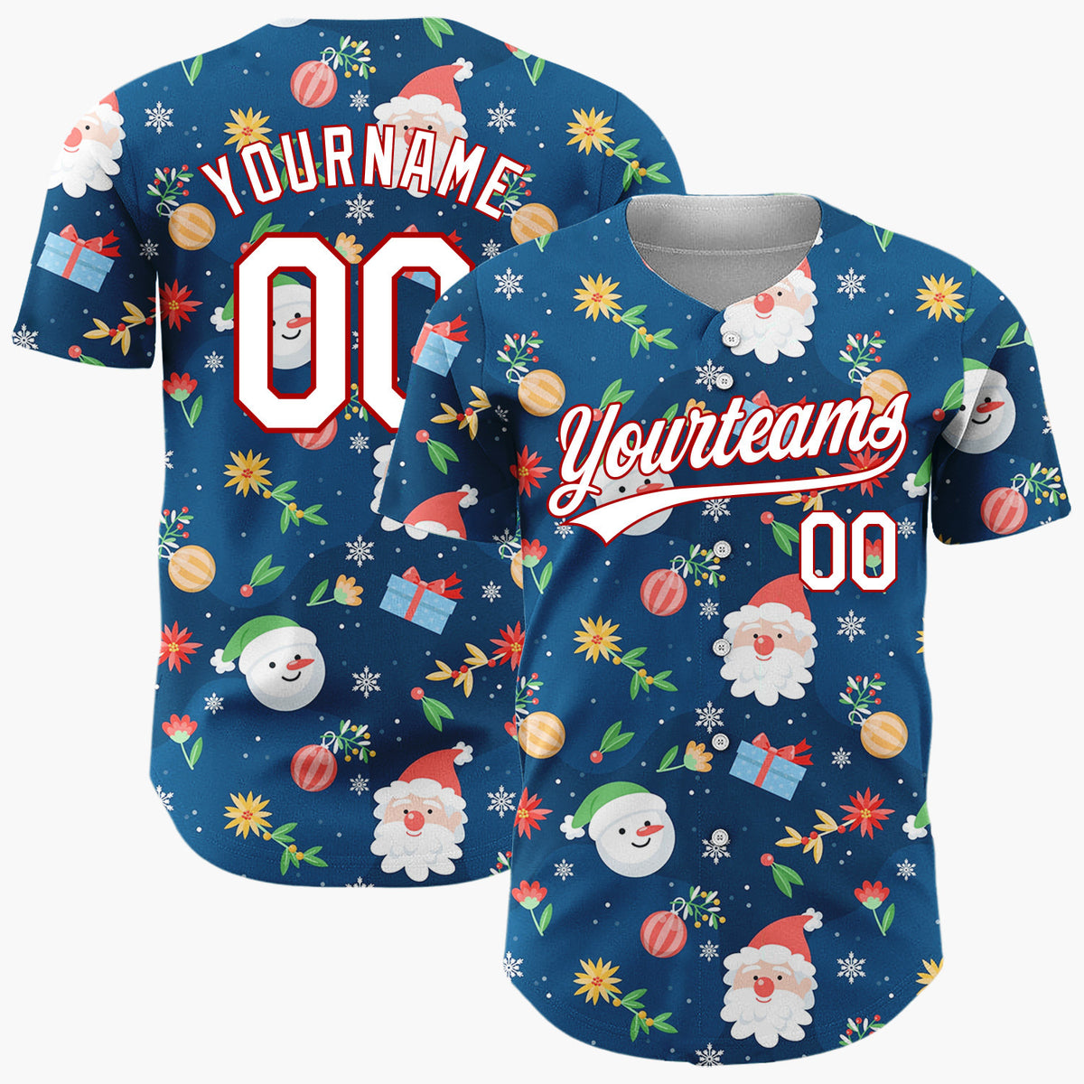Custom Navy Blue Santa Snowman And Gifts Cheerful Christmas Baseball Jersey