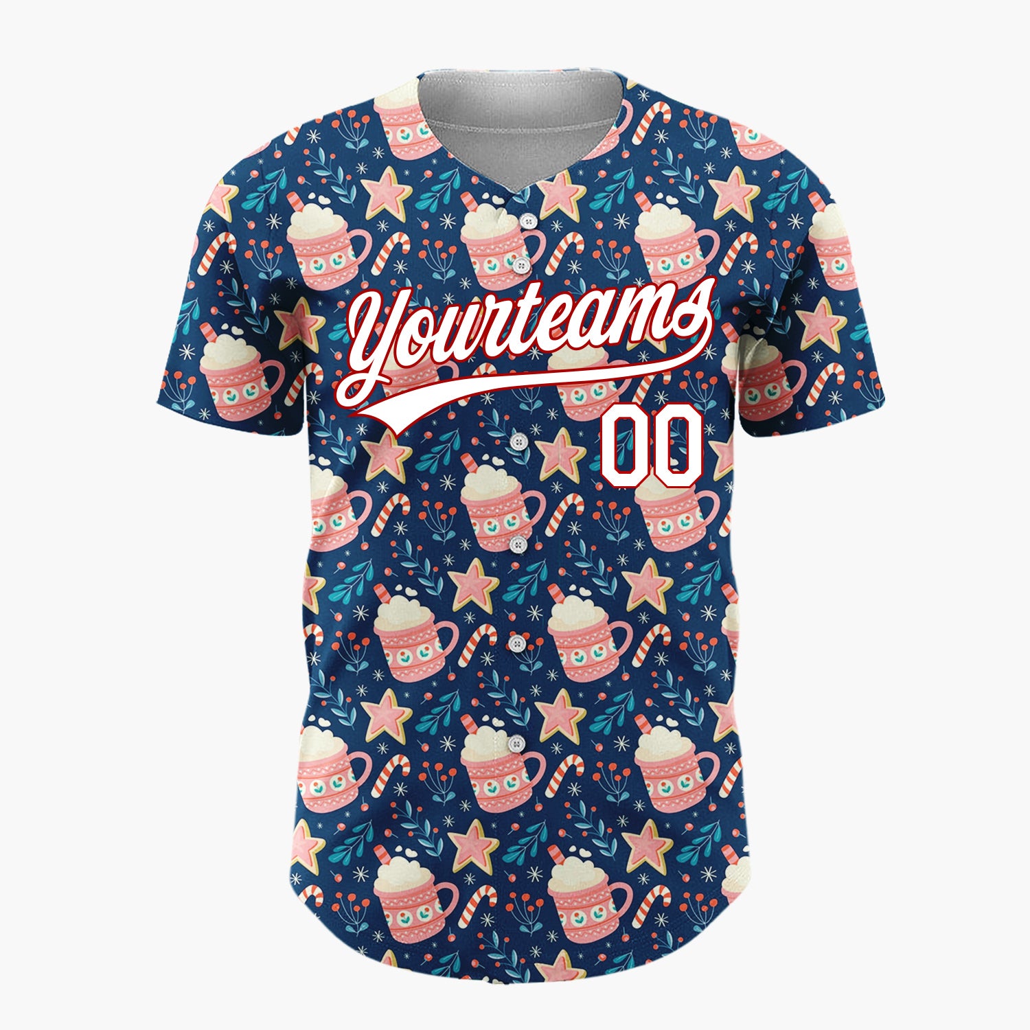 Custom Navy Blue Hot Cocoa Mugs With Candy Canes Cozy Winter Pattern Christmas Baseball Jersey