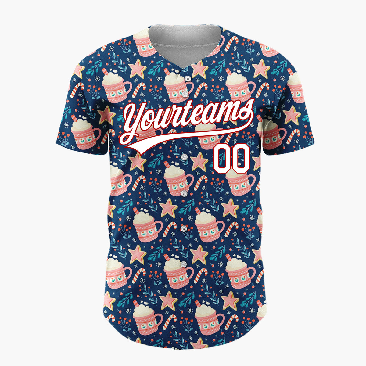 Custom Navy Blue Hot Cocoa Mugs With Candy Canes Cozy Winter Pattern Christmas Baseball Jersey