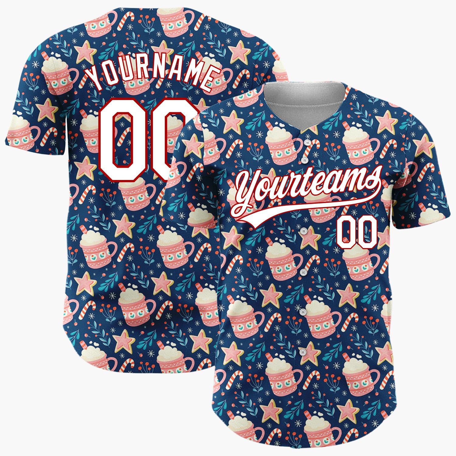 Custom Navy Blue Hot Cocoa Mugs With Candy Canes Cozy Winter Pattern Christmas Baseball Jersey