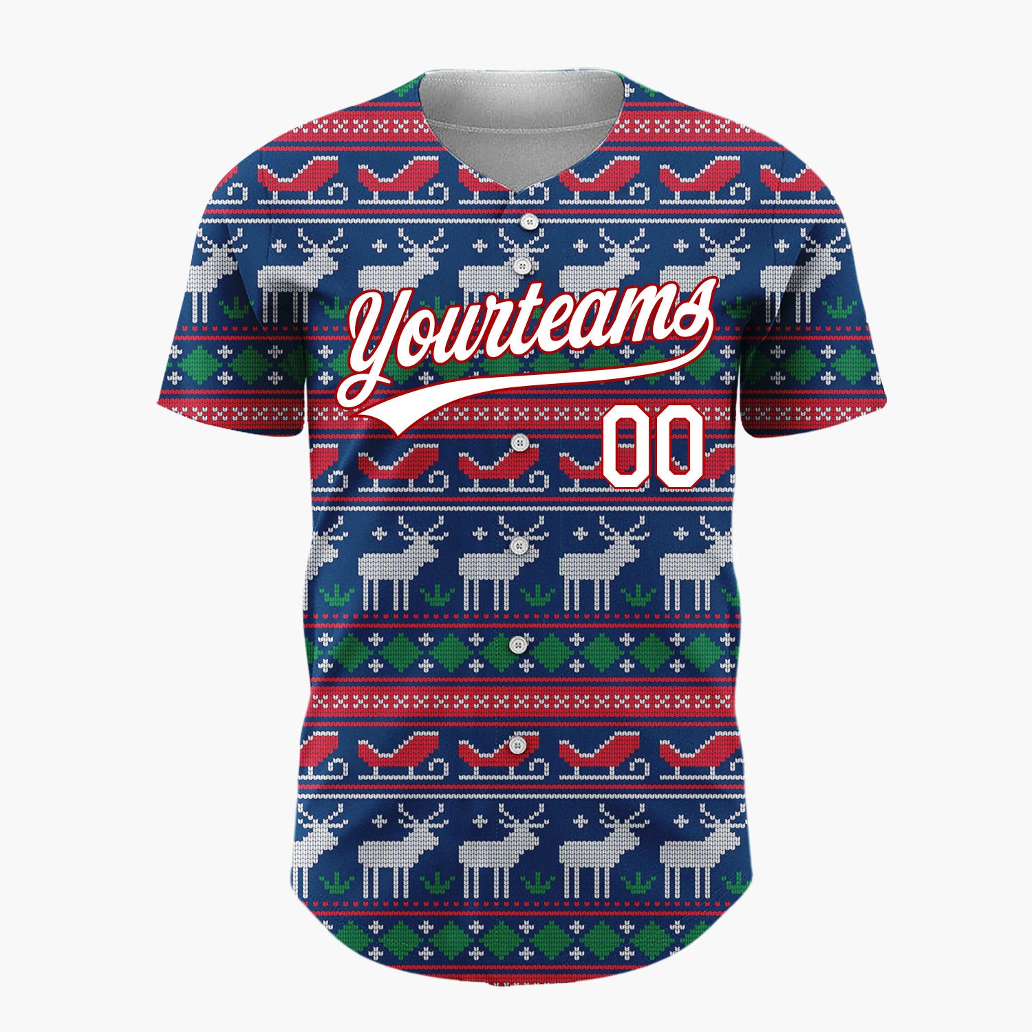 Custom Navy Blue Red Reindeer Sleigh Nordic Knitted Christmas Baseball Jersey