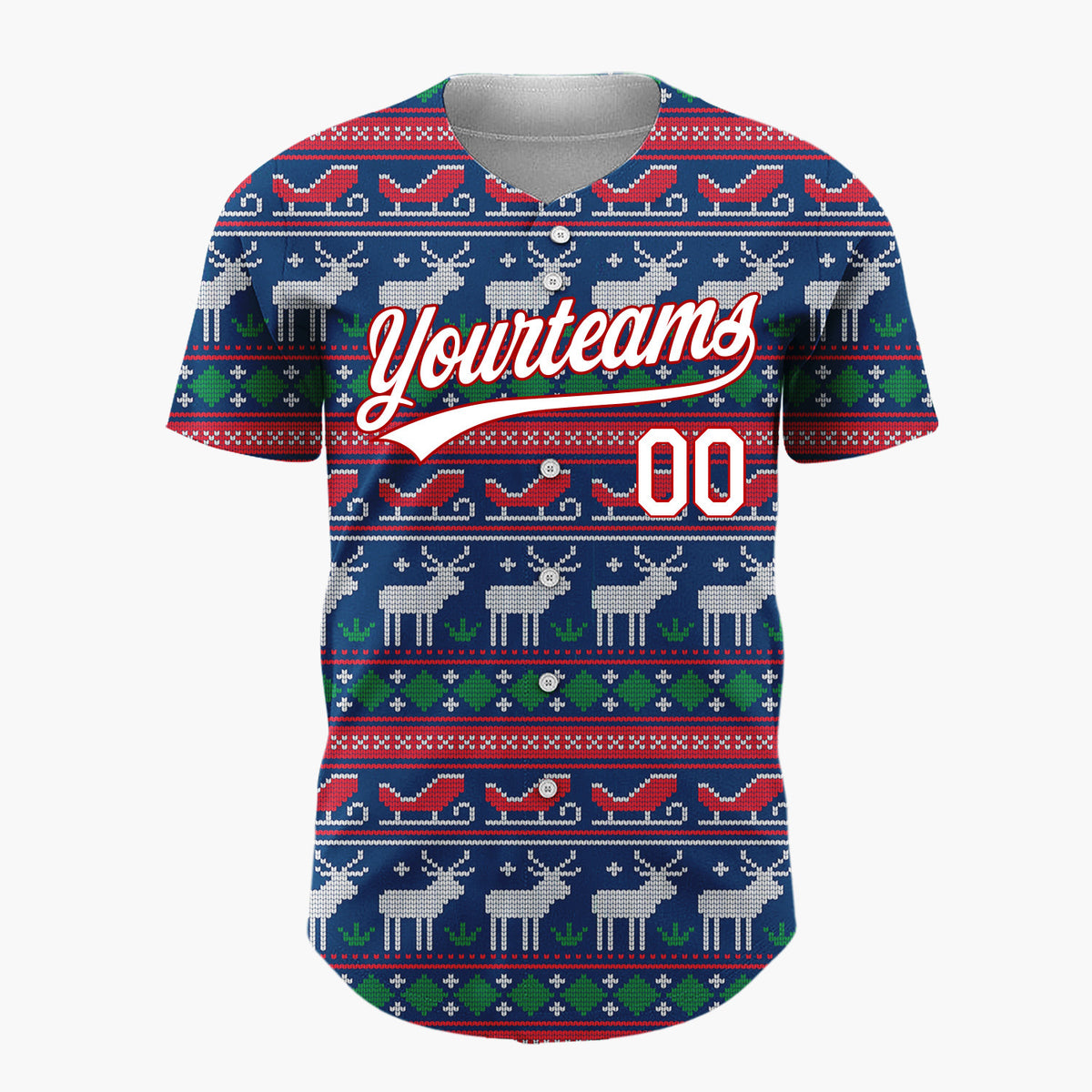 Custom Navy Blue Red Reindeer Sleigh Nordic Knitted Christmas Baseball Jersey