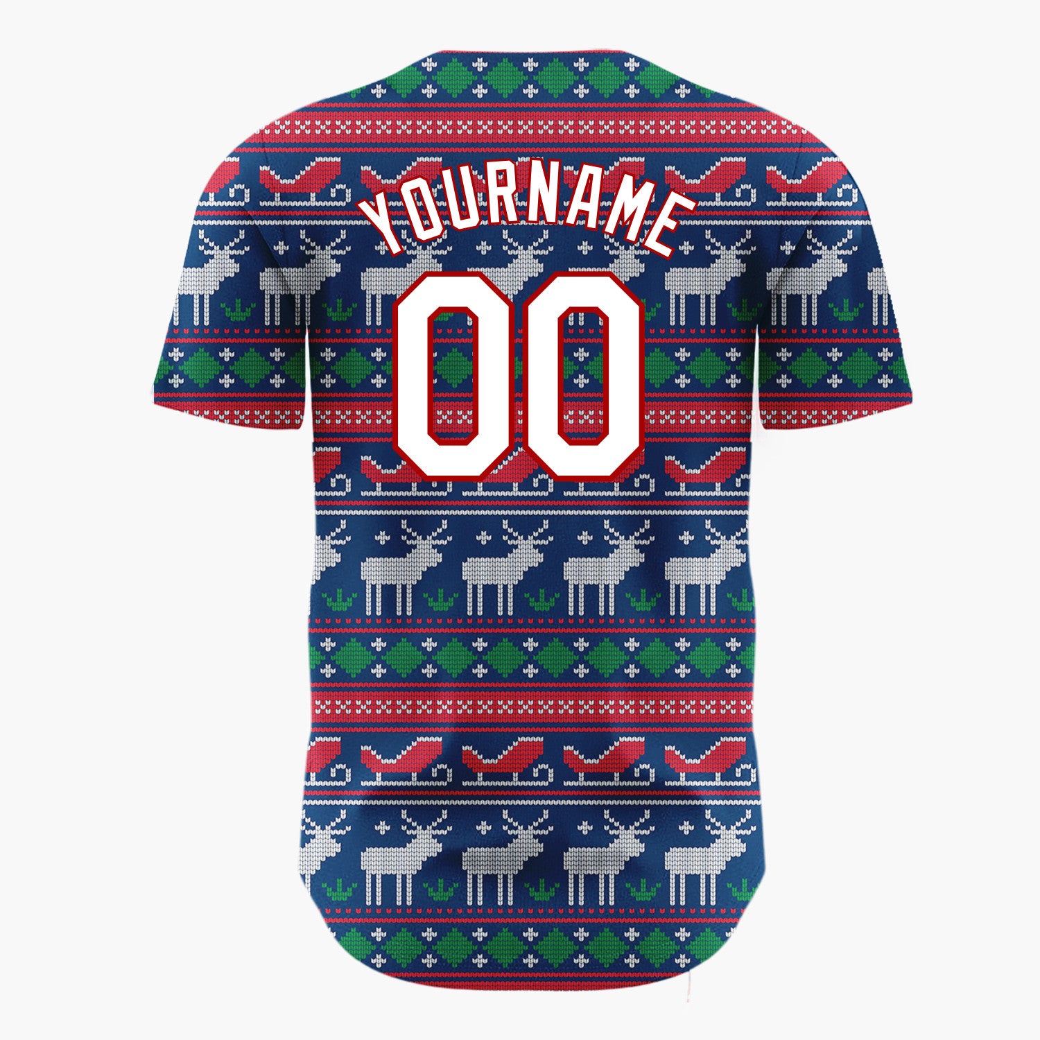 Custom Navy Blue Red Reindeer Sleigh Nordic Knitted Christmas Baseball Jersey