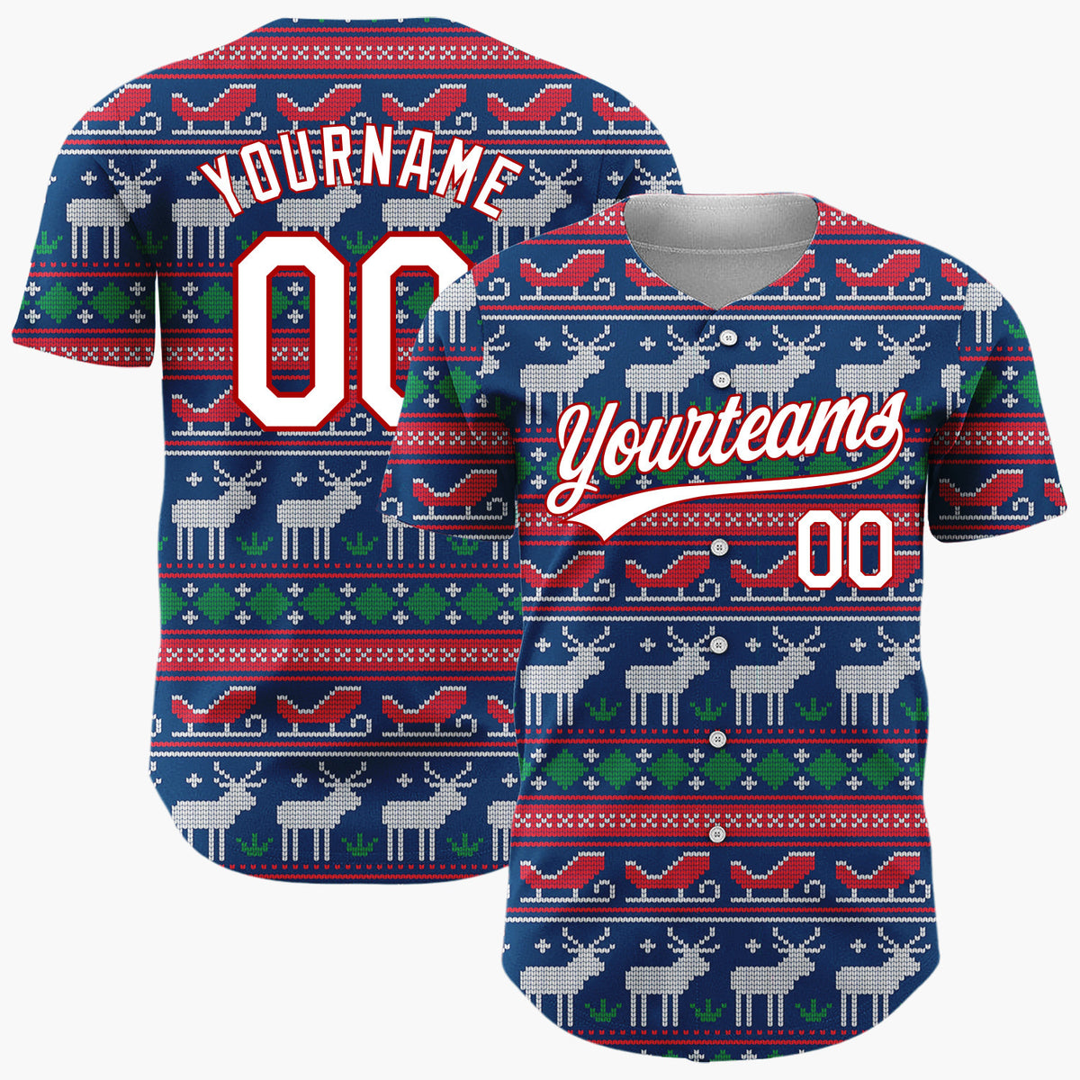 Custom Navy Blue Red Reindeer Sleigh Nordic Knitted Christmas Baseball Jersey
