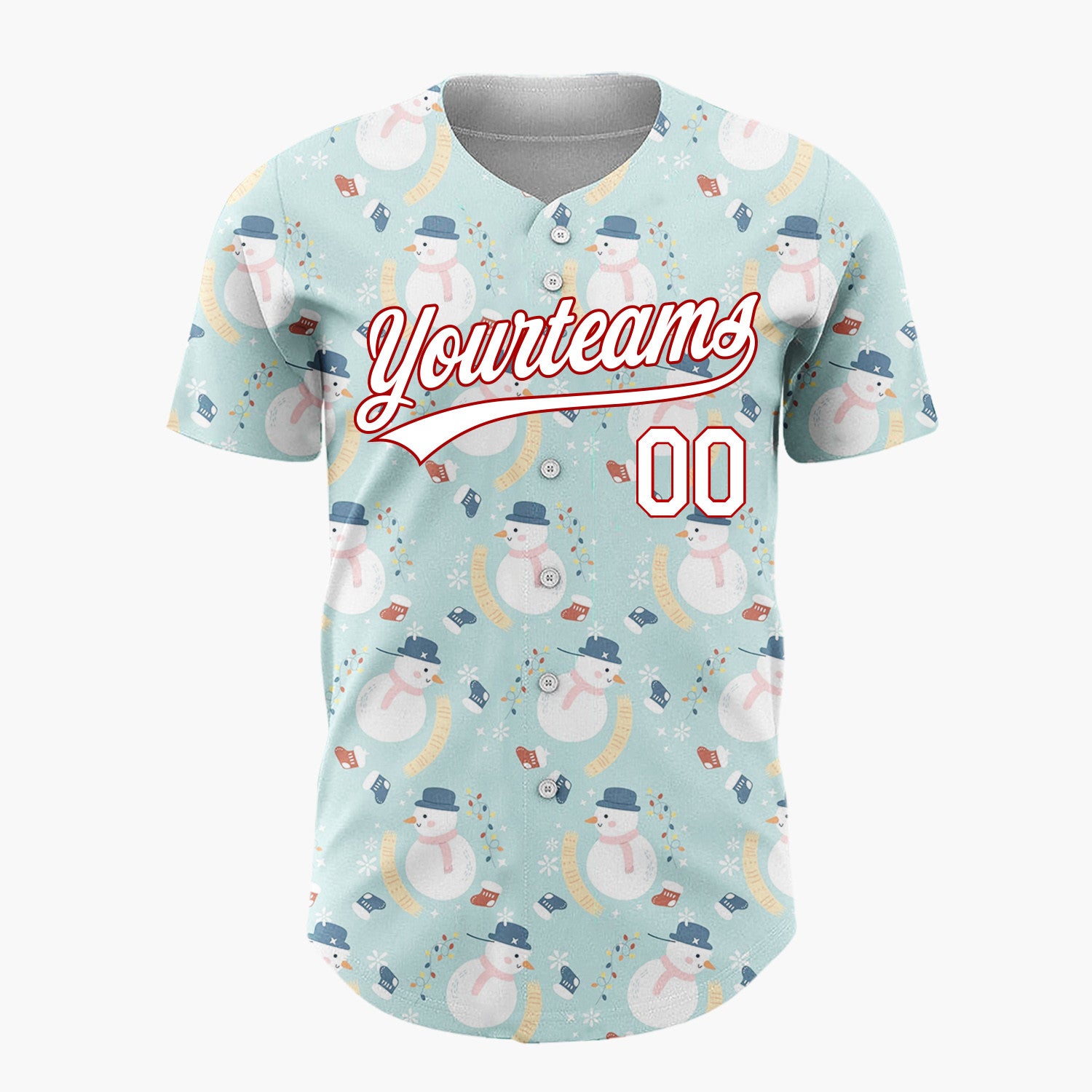 Custom Light Blue White Snowmen Mittens And Lights Christmas Cartoon Pattern Christmas Baseball Jersey