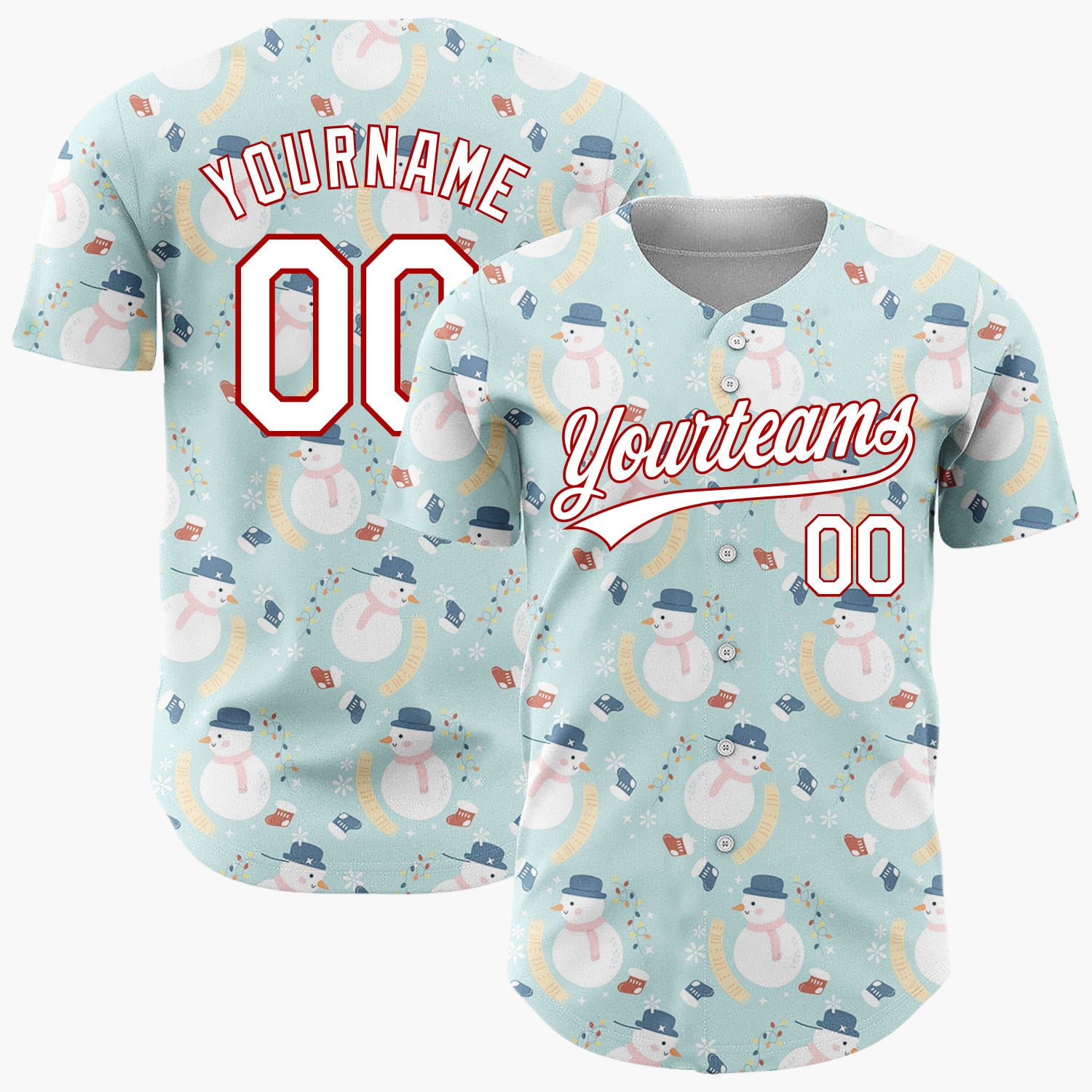 Custom Light Blue White Snowmen Mittens And Lights Christmas Cartoon Pattern Christmas Baseball Jersey