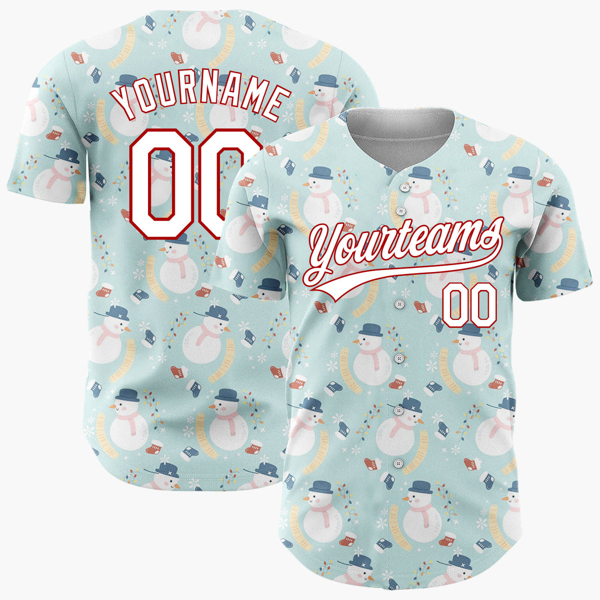 Custom Light Blue White Snowmen Mittens And Lights Christmas Cartoon Pattern Christmas Baseball Jersey
