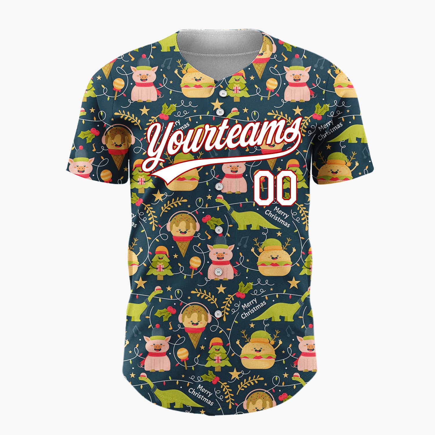 Custom Navy Green Dinosaurs Burgers And Pigs Christmas Cartoon Pattern Christmas Baseball Jersey
