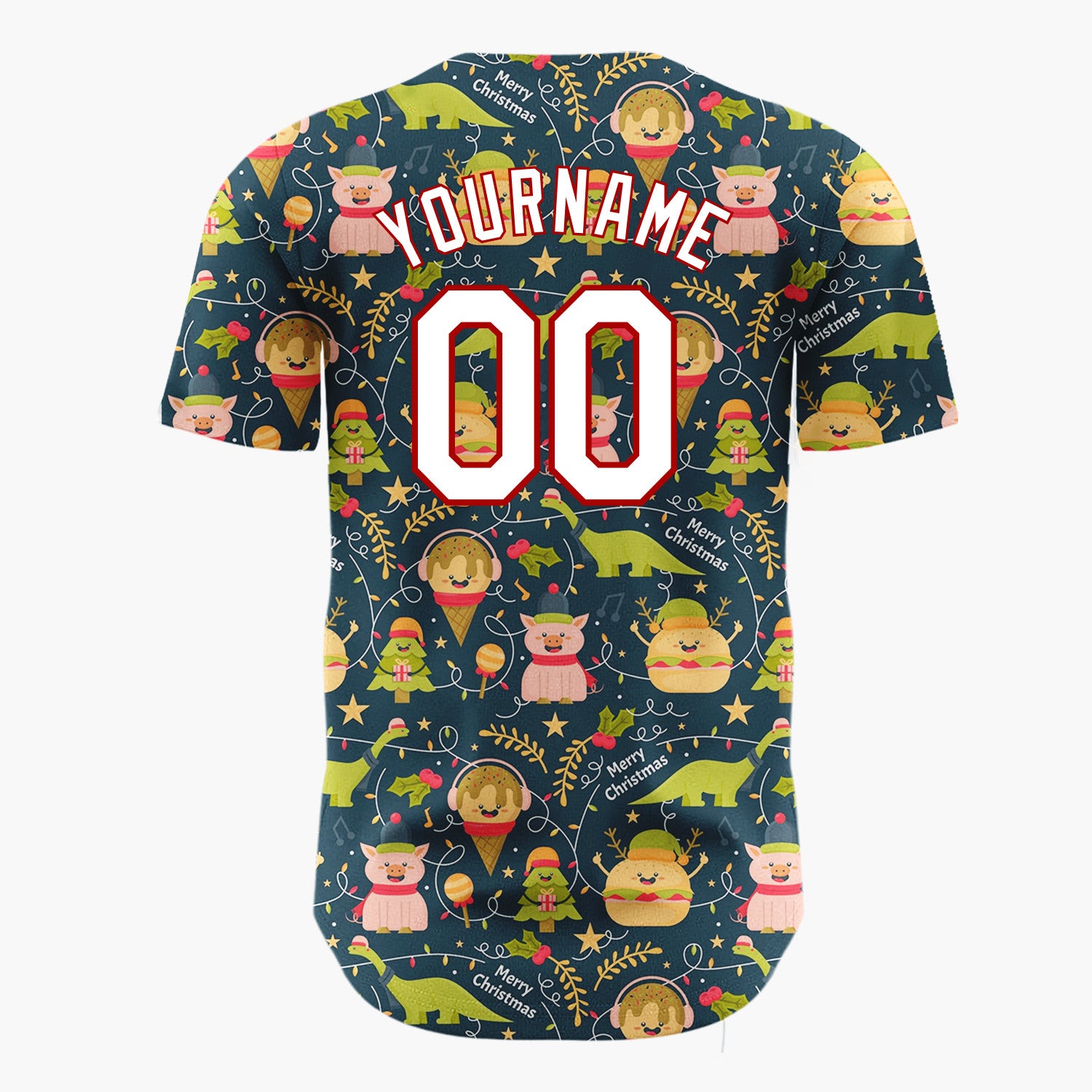 Custom Navy Green Dinosaurs Burgers And Pigs Christmas Cartoon Pattern Christmas Baseball Jersey