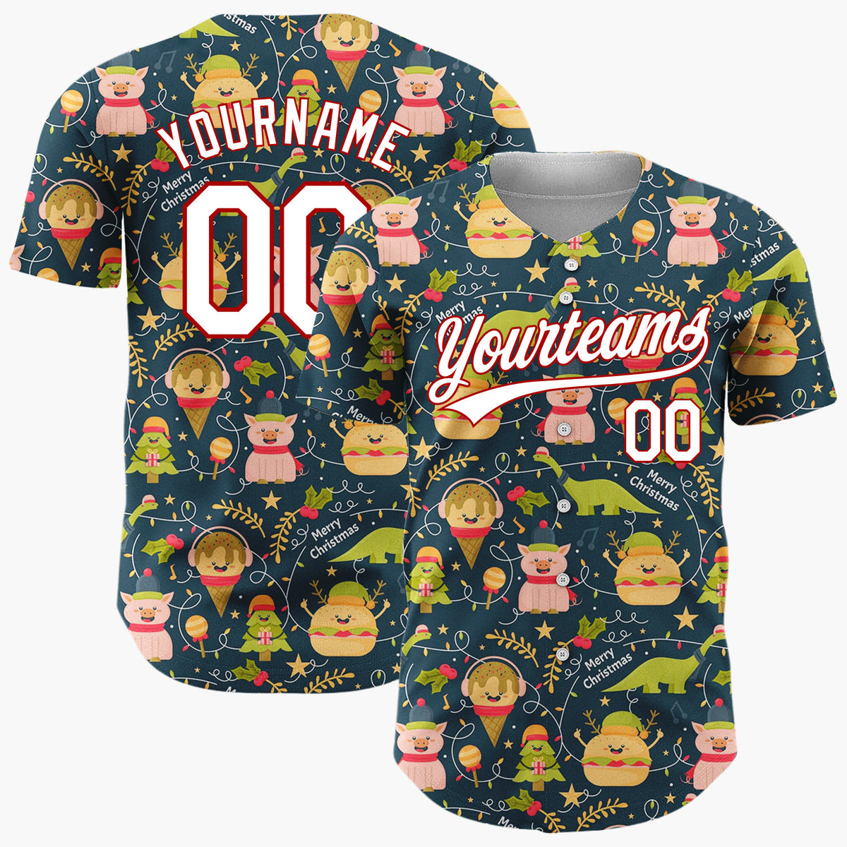 Custom Navy Green Dinosaurs Burgers And Pigs Christmas Cartoon Pattern Christmas Baseball Jersey