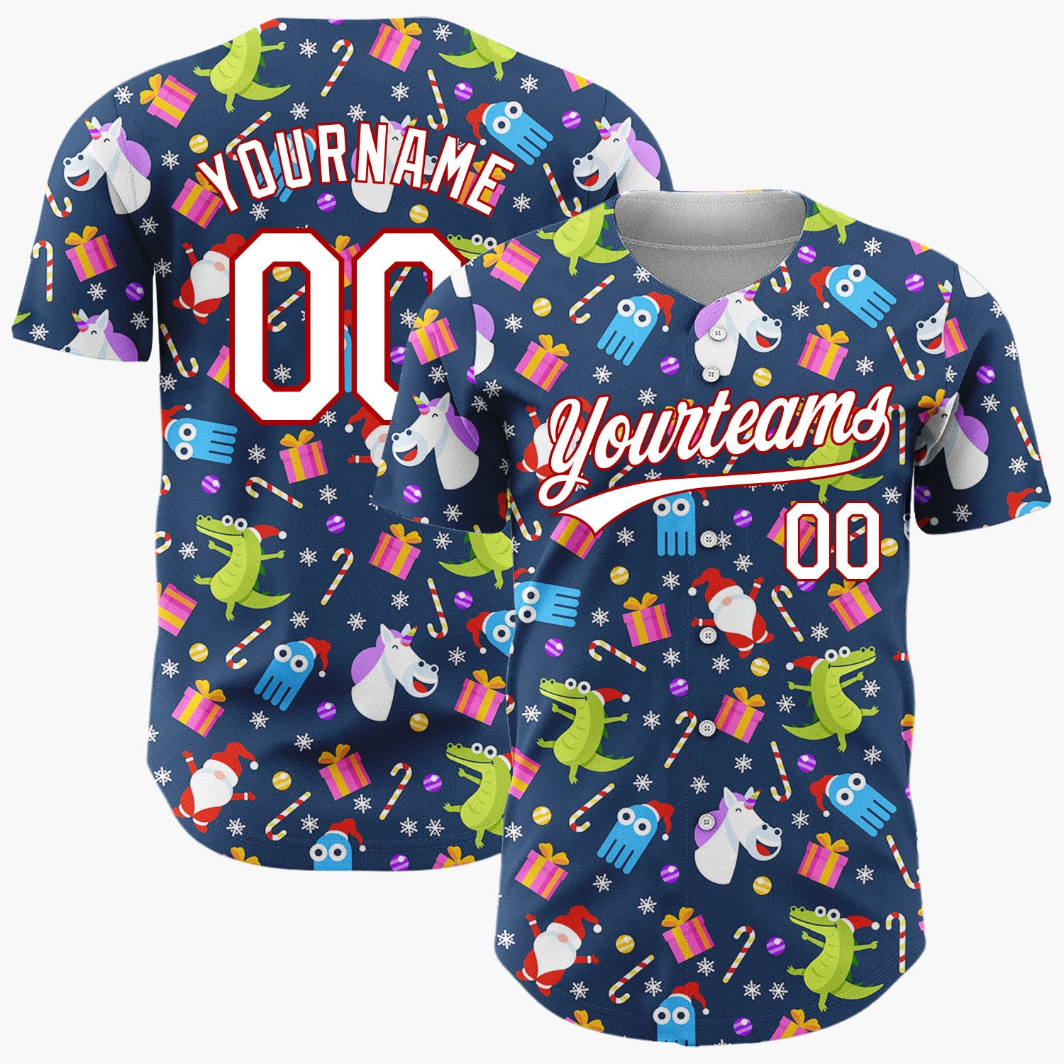 Custom Navy Blue Funny Character Christmas Cartoon Pattern Christmas Baseball Jersey