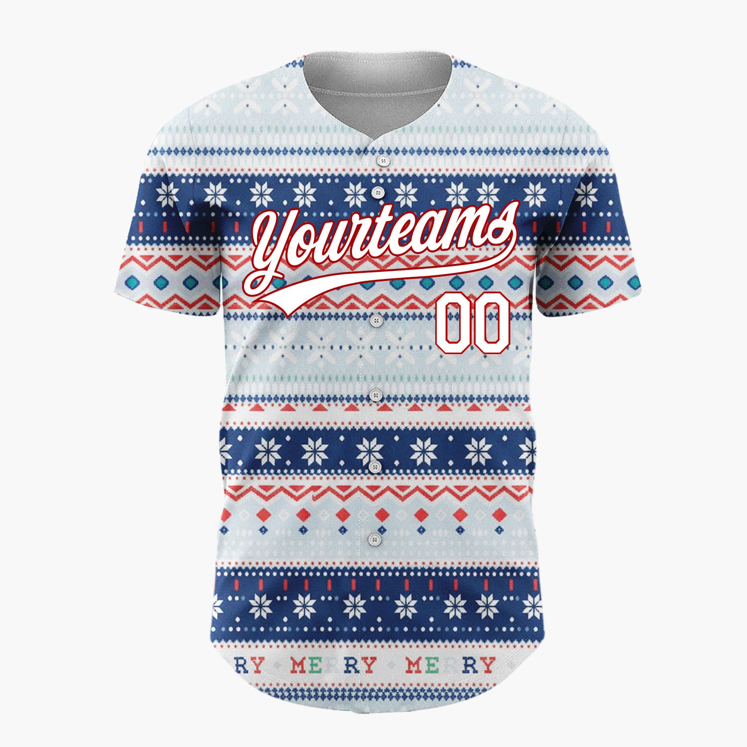 Custom Navy Blue Red Snowflakes And Geometric Stripes Fair Isle Pattern Christmas Baseball Jersey