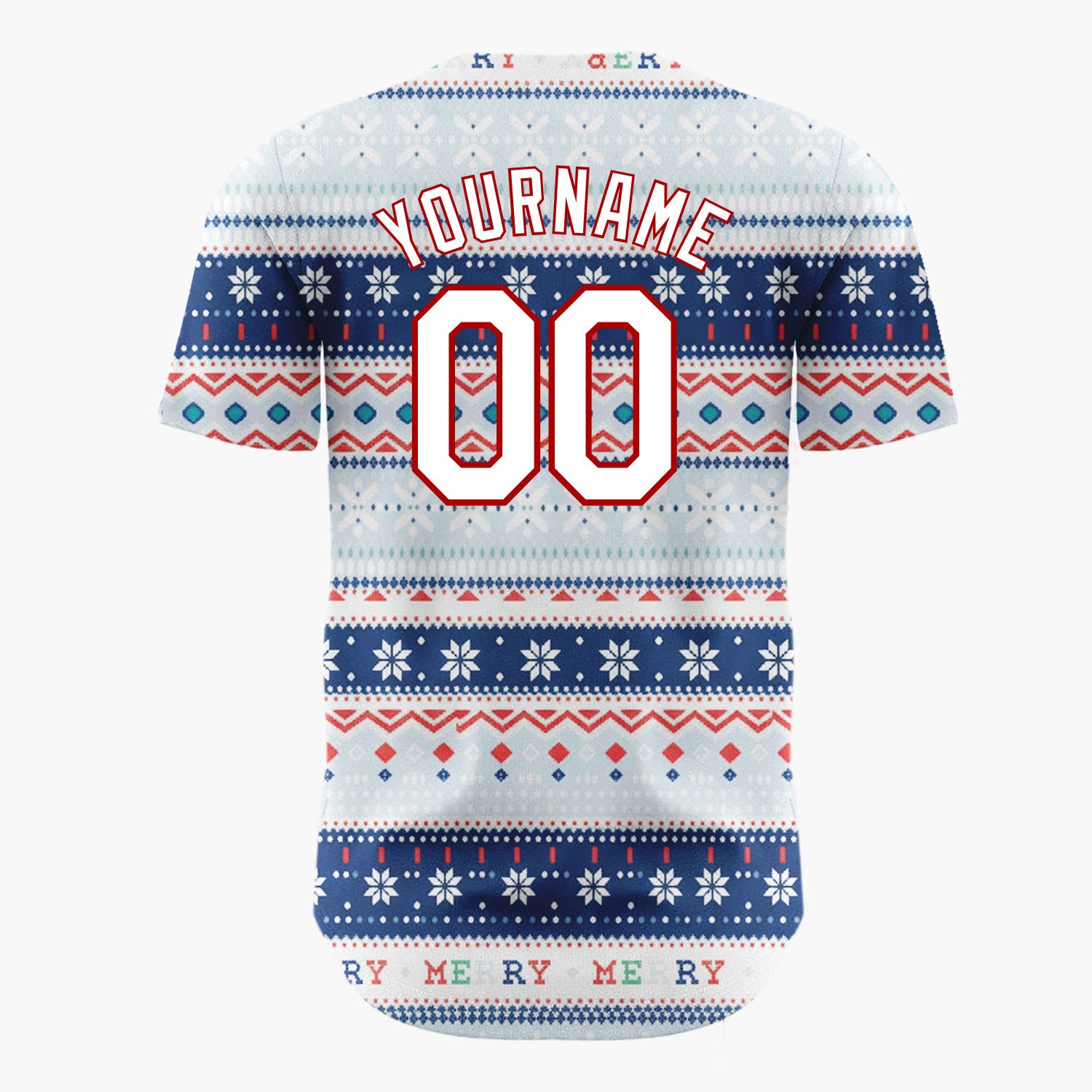 Custom Navy Blue Red Snowflakes And Geometric Stripes Fair Isle Pattern Christmas Baseball Jersey
