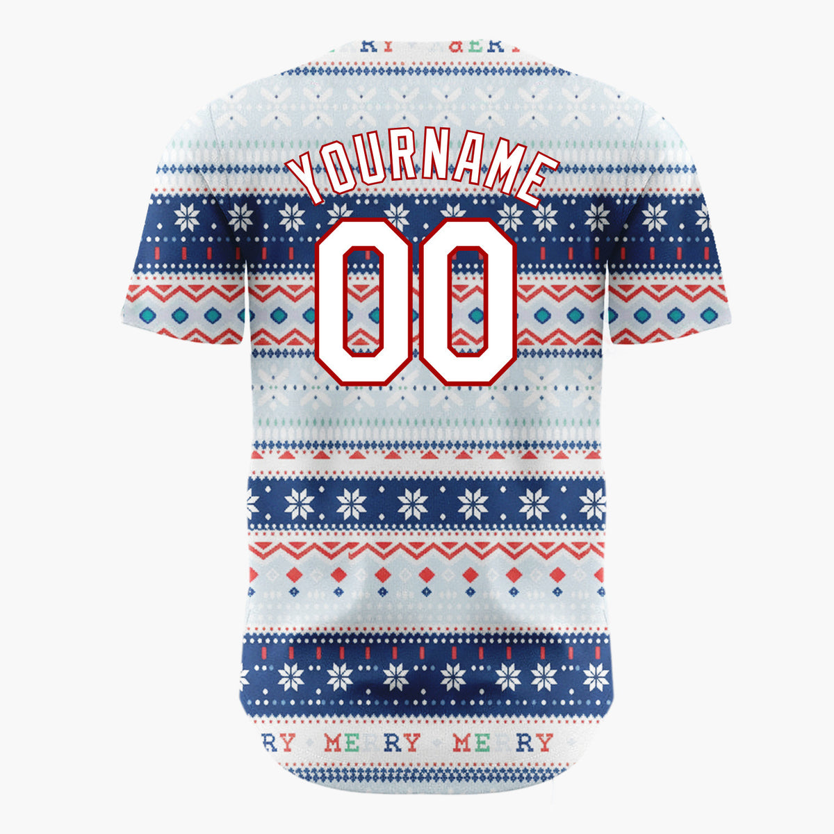 Custom Navy Blue Red Snowflakes And Geometric Stripes Fair Isle Pattern Christmas Baseball Jersey