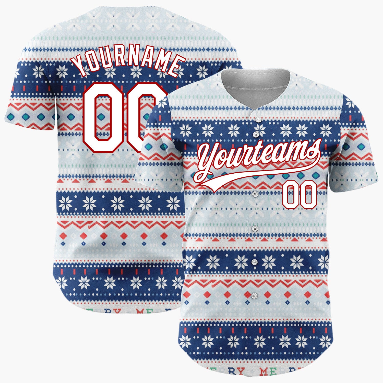 Custom Navy Blue Red Snowflakes And Geometric Stripes Fair Isle Pattern Christmas Baseball Jersey