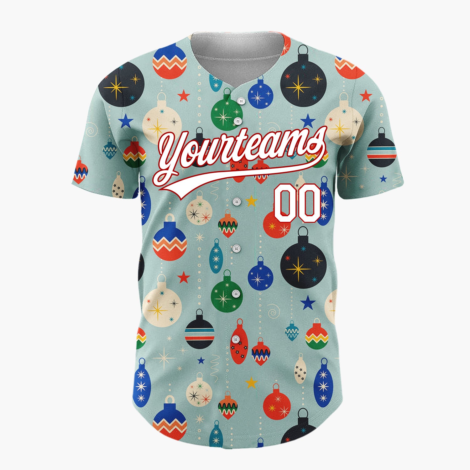 Custom Muted Blue Retro Mid Century Christmas Ornament Pattern Christmas Baseball Jersey