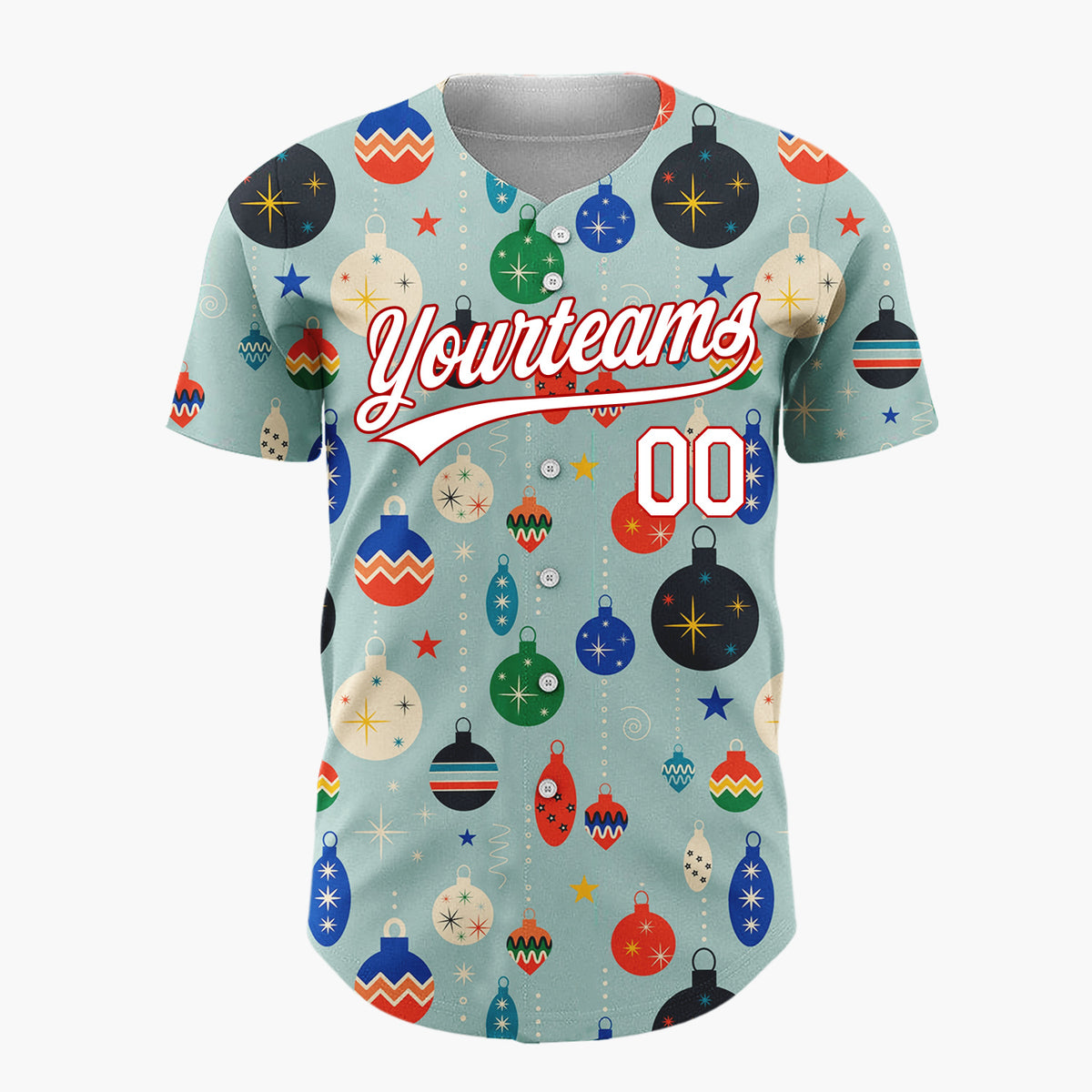 Custom Muted Blue Retro Mid Century Christmas Ornament Pattern Christmas Baseball Jersey