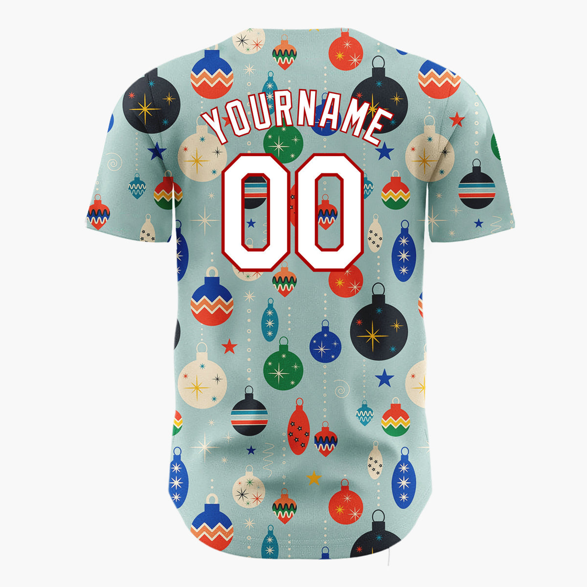 Custom Muted Blue Retro Mid Century Christmas Ornament Pattern Christmas Baseball Jersey