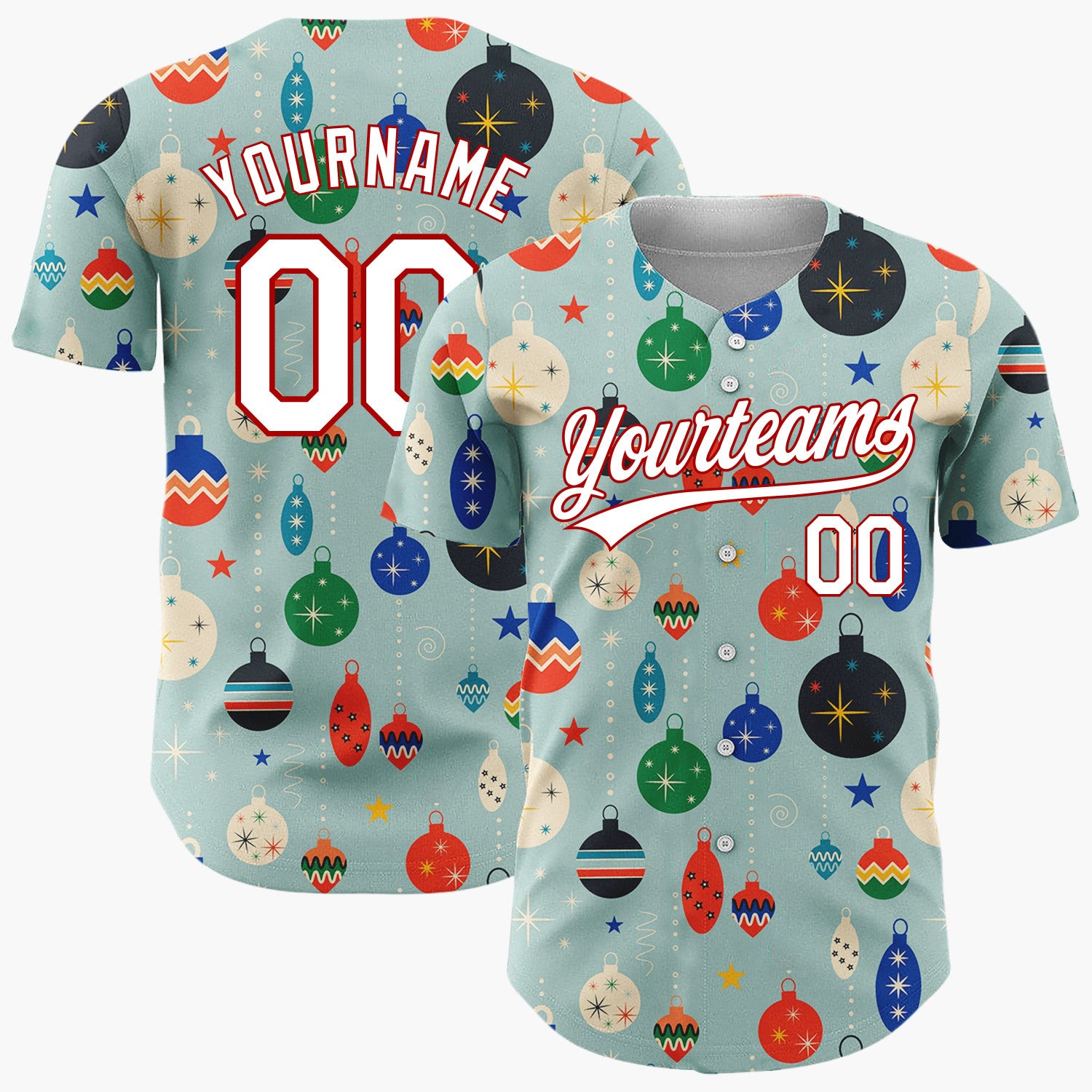 Custom Muted Blue Retro Mid Century Christmas Ornament Pattern Christmas Baseball Jersey